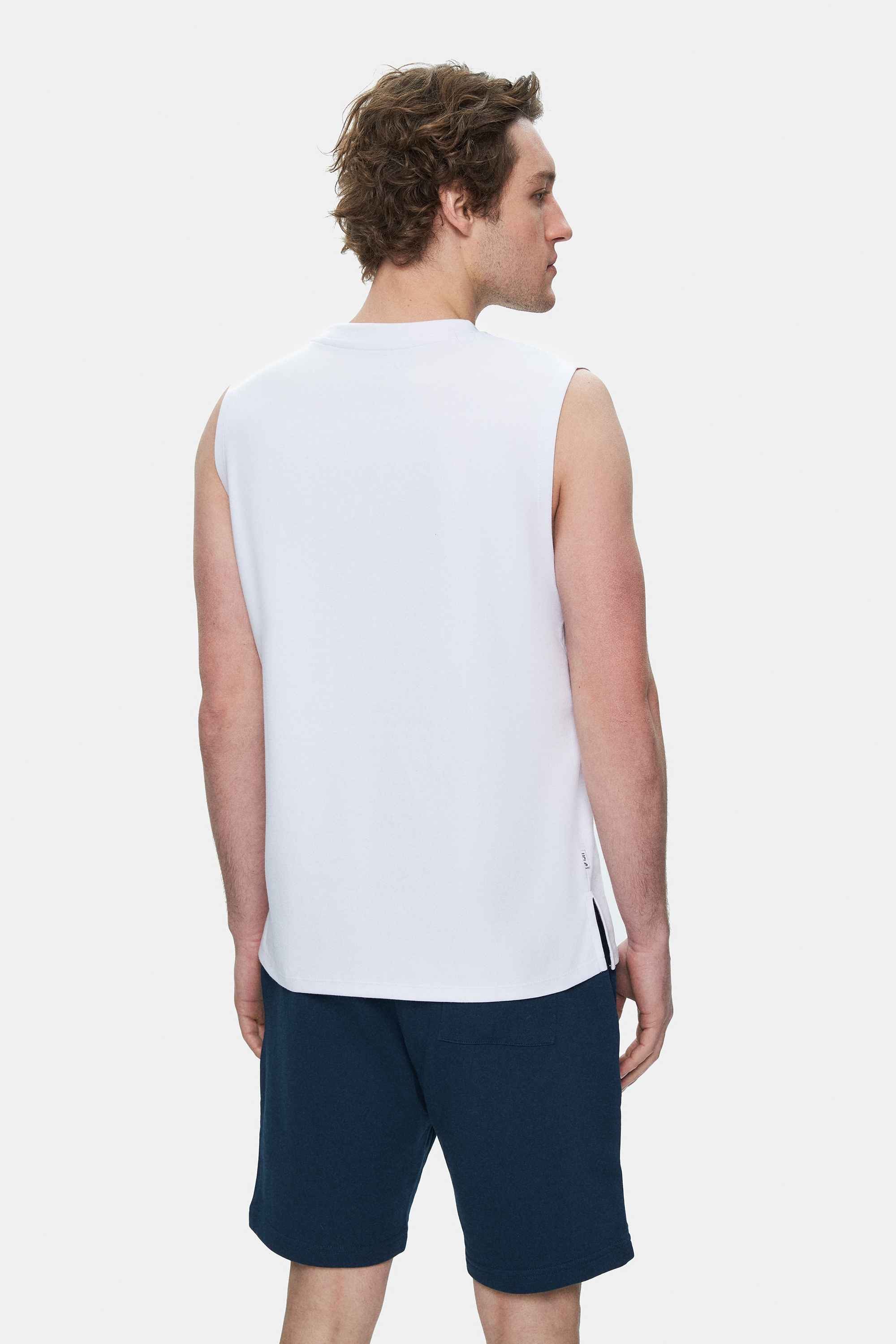 BODHI Beyaz Bisiklet Yaka Sıfır Kol Baskılı Modal Kumaş Oversize Erkek Tshirt