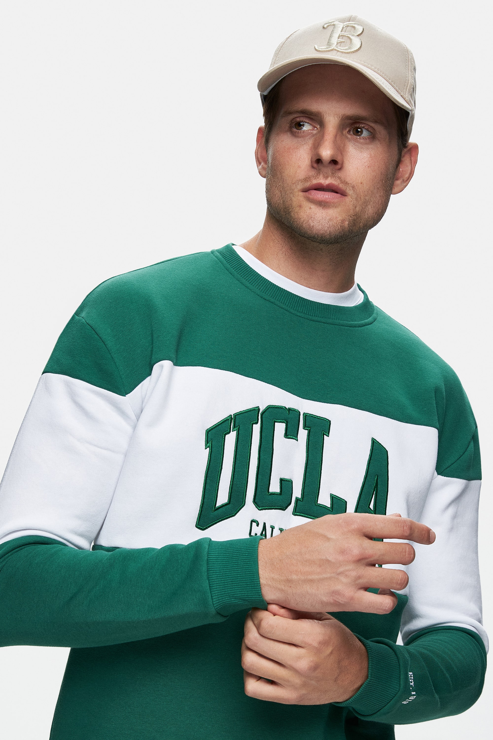 ARCHER Yeşil Bisiklet Yaka Nakışlı Şardonlu Loose Fit Erkek Sweatshirt