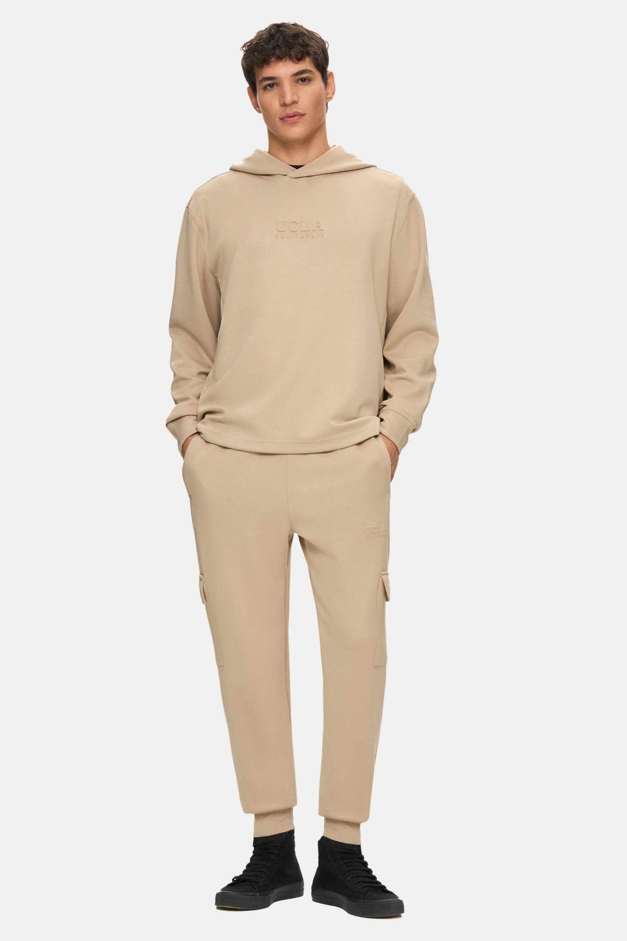 WINFREY Koyu Bej Kapüşonlu Gofre Baskılı Modal Kumaş Standard Fit Erkek Sweatshirt