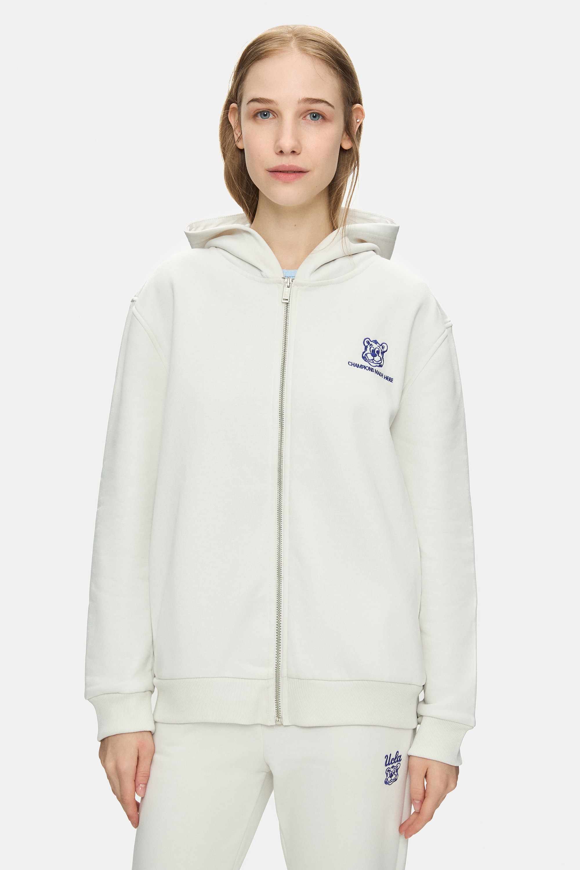 ESTHER Kemik Rengi Fermuarlı ve Cepli Nakışlı Loose Fit Kadın Sweatshirt