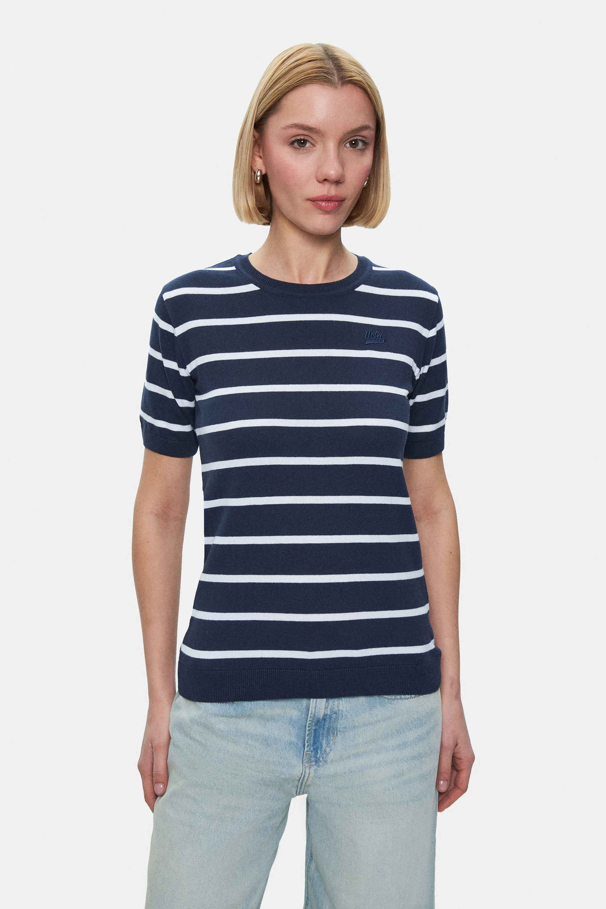 MISHA Lacivert Çizgili Bisiklet Yaka Triko Nakışlı Standard Fit Kadın Tshirt