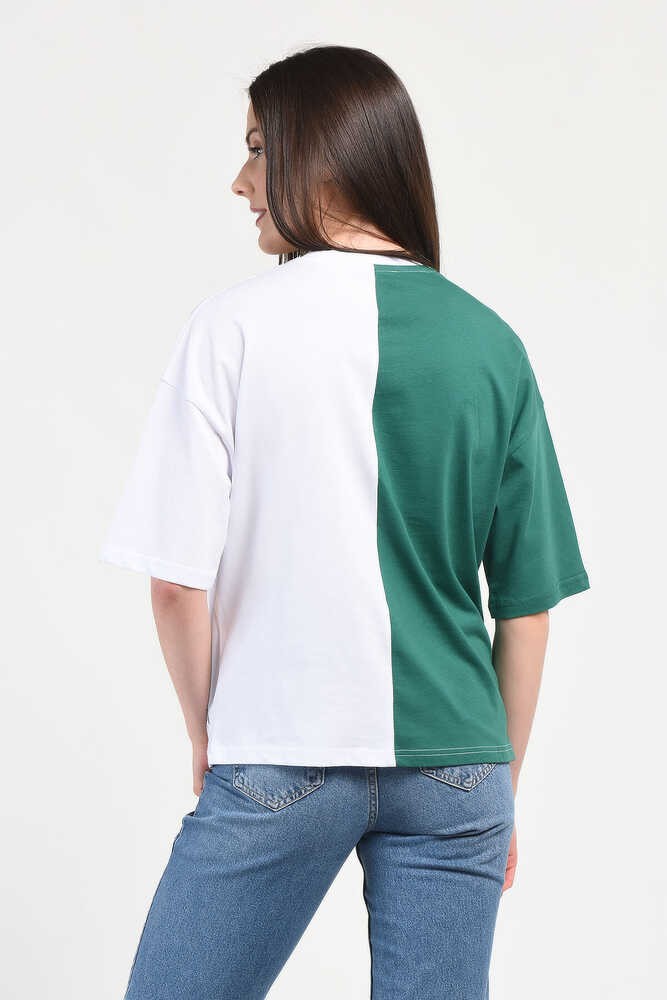 FELIZ Yeşil Bisiklet Yaka Nakışlı Oversize  Kadın Tshirt