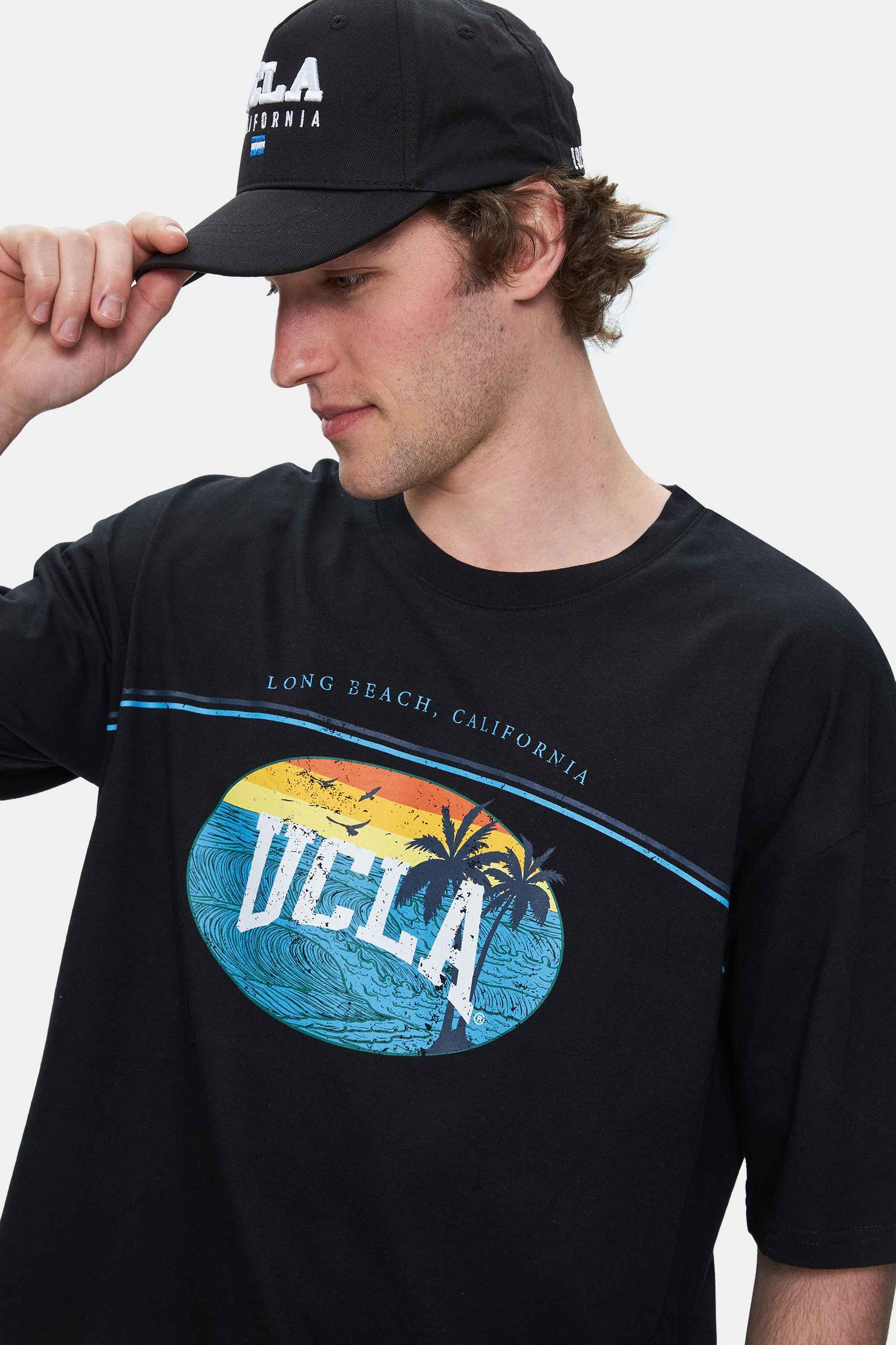 AIRE Siyah Bisiklet Yaka Baskılı Oversize Erkek Tshirt