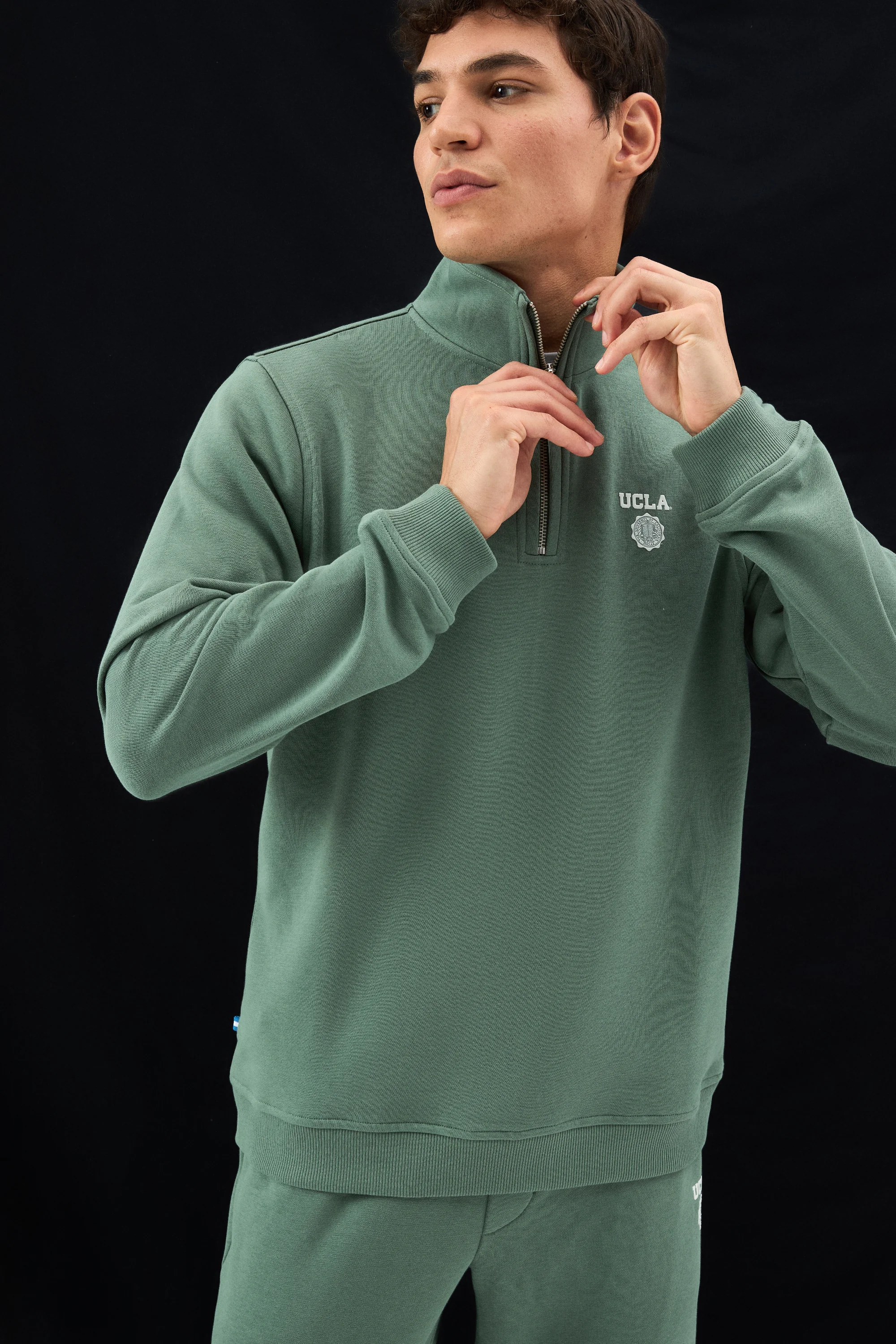 LEON Adaçayı Yeşili Yarım Fermuar Baskılı Standard Fit Erkek Sweatshirt