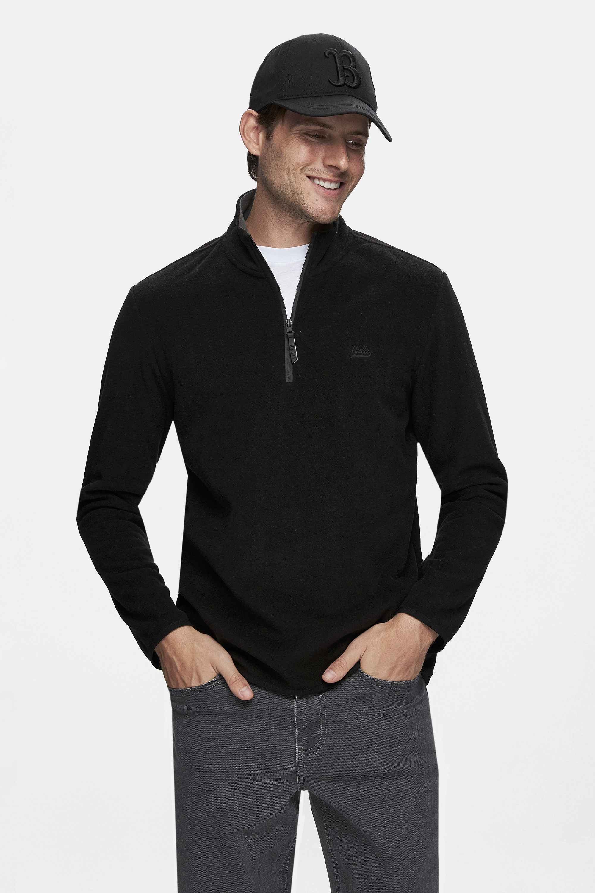 GREMIO Siyah Polar Dik Yaka Nakışlı Standard Fit Erkek Sweatshirt