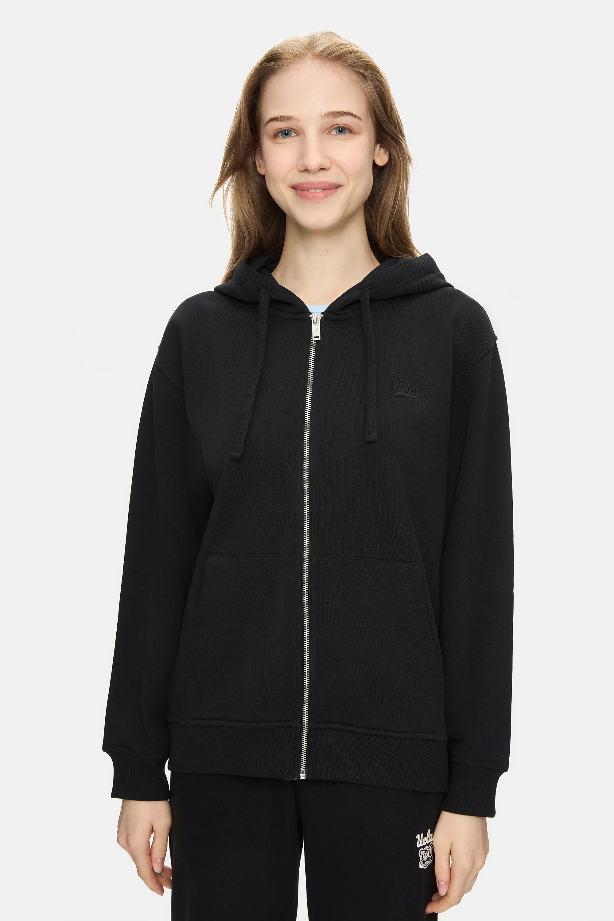 VIVIANA Siyah Kapüşonlu Nakışlı Fermuarlı Standard Fit Kadın Sweatshirt