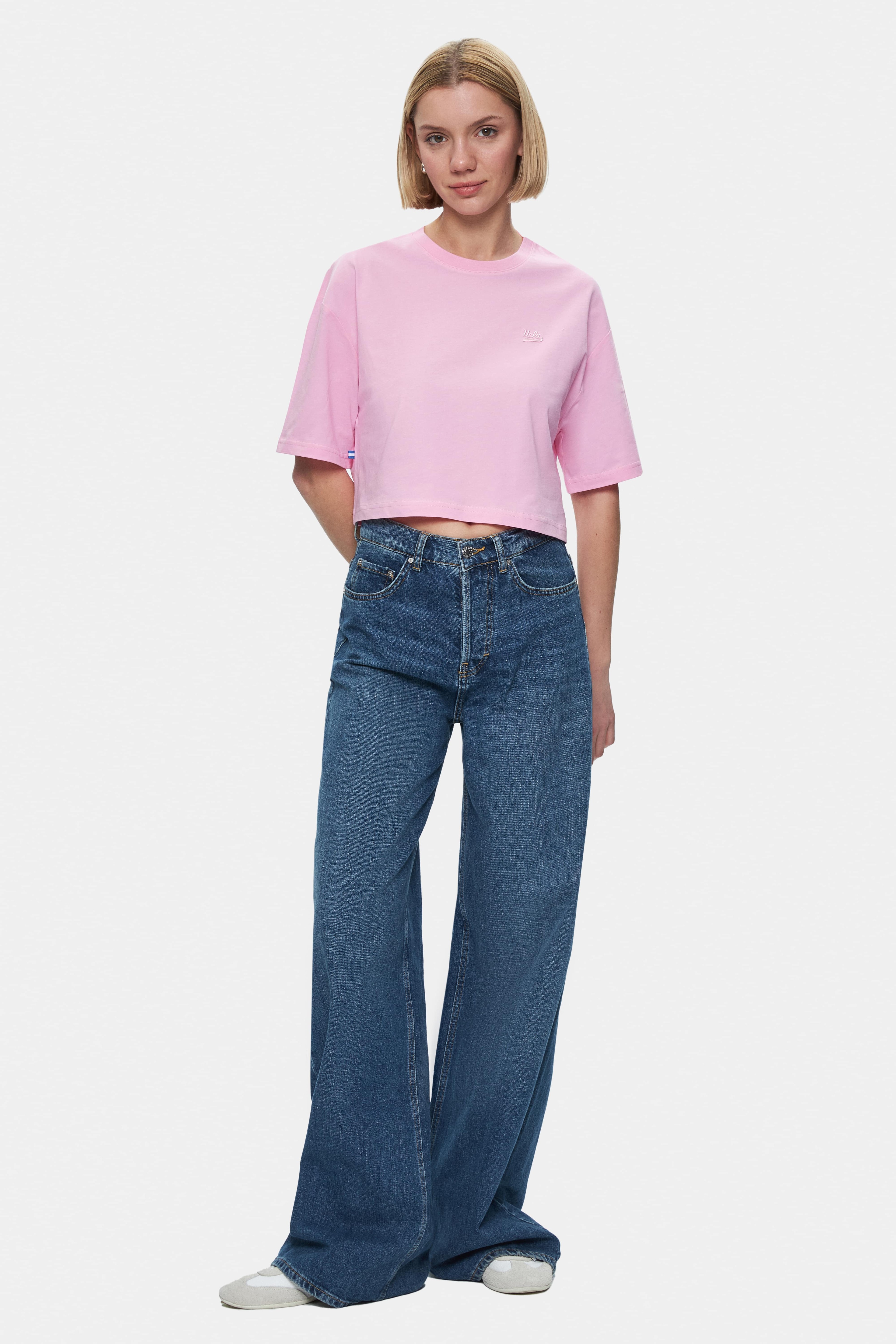 INDIANA Açık Pembe Bisiklet Yaka Crop Baskılı Loose Fit Kadın Tshirt