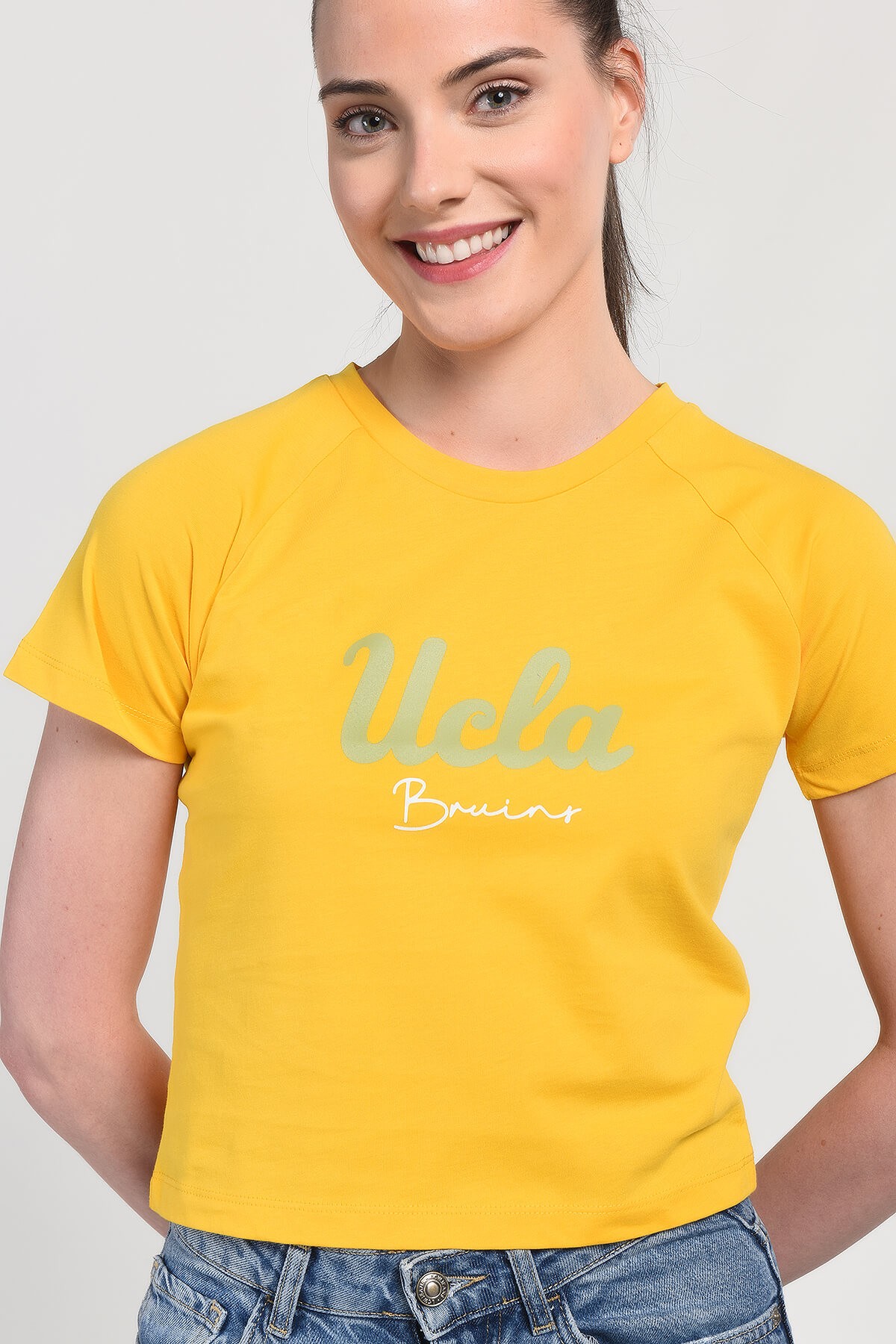 SUNRAY Sarı Bisiklet Yaka Baskılı Standard Fit Kadın Tshirt