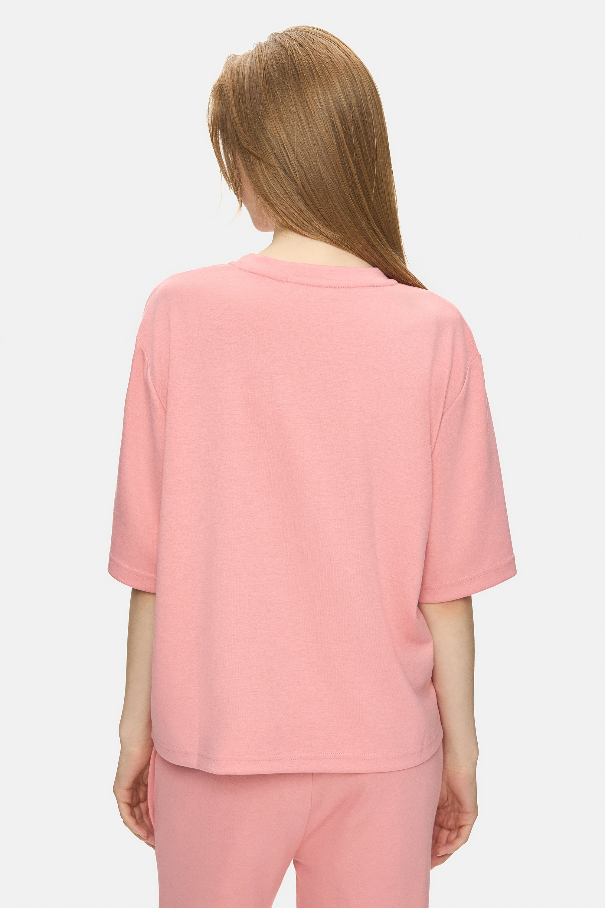 JAYLA Pembe Bisiklet Yaka Gofre Baskılı Modal Kumaş Loose Fit Kadın Tshirt