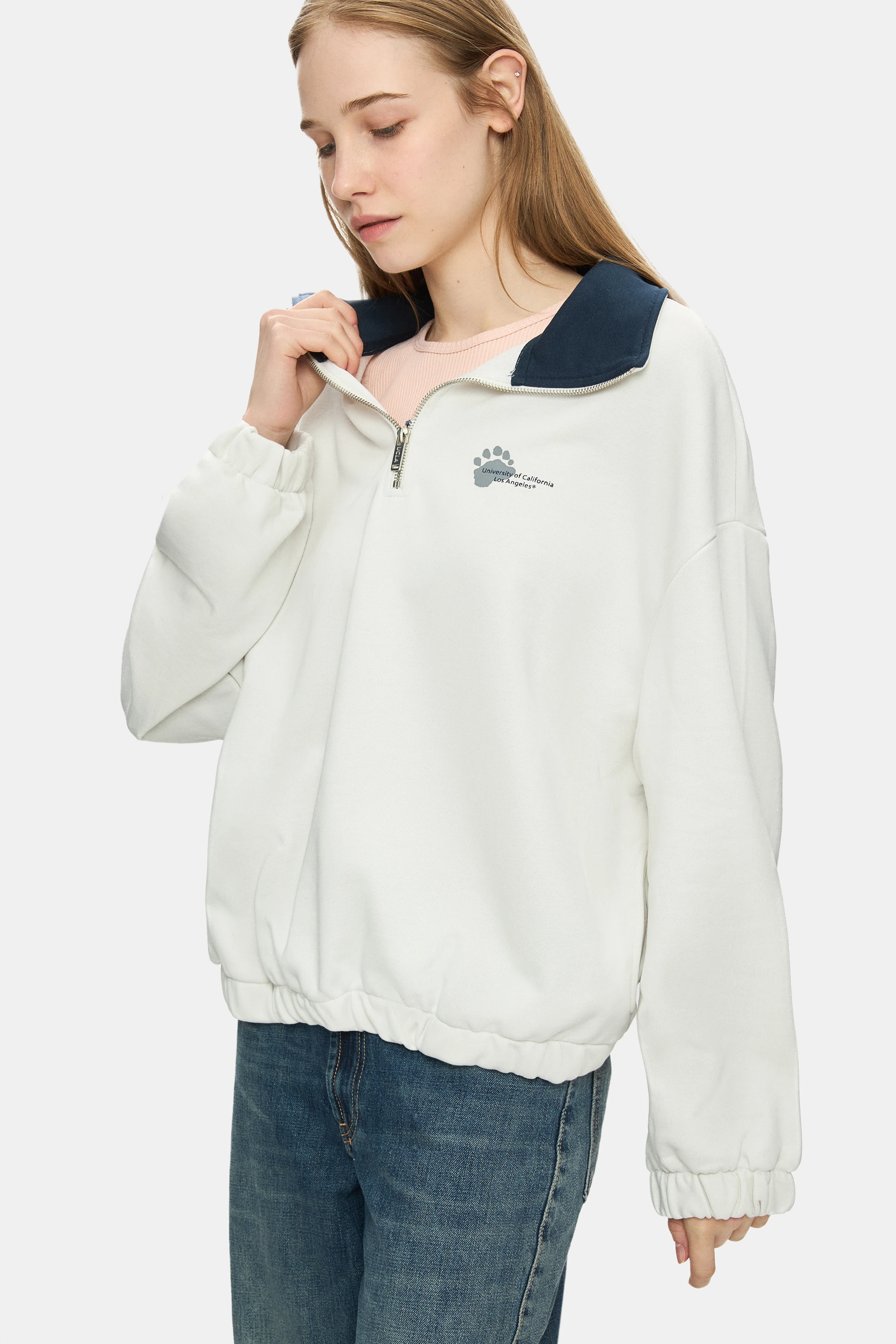 YOKO Kemik Rengi Fermuarlı Baskılı Oversize Fit Kadın Sweatshirt