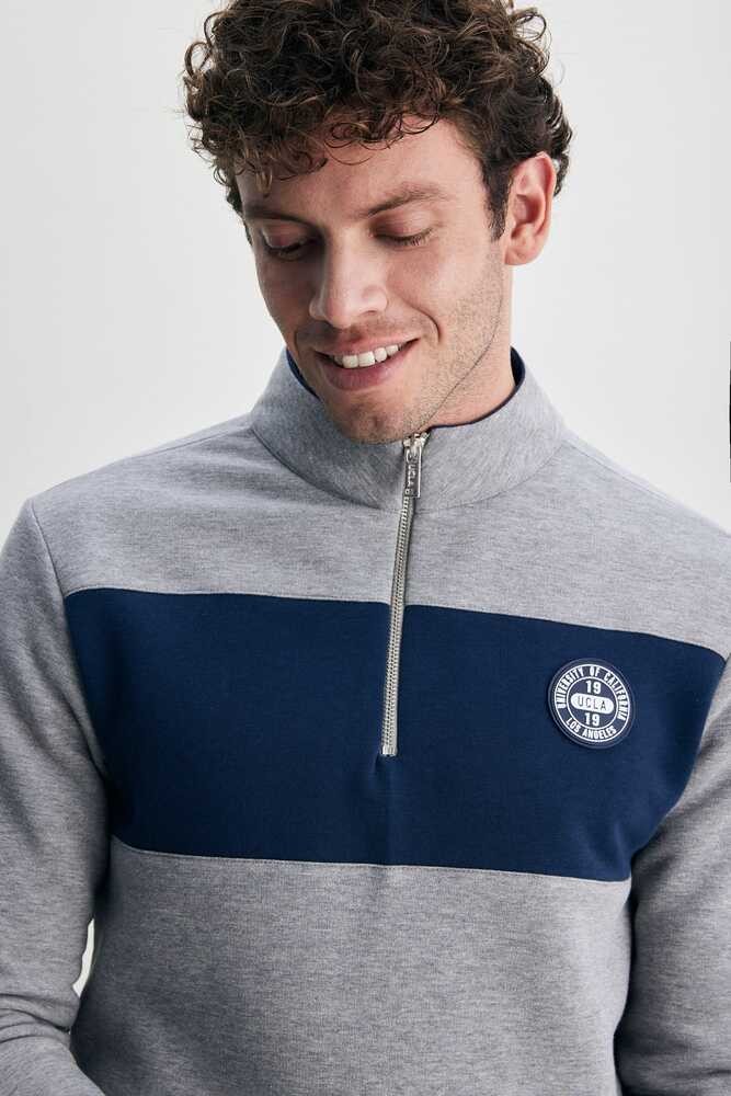 KHAL Gri Yarım Fermuarlı Kauçuklu Şardonlu Dik Yaka Standard Fit Erkek Sweatshirt