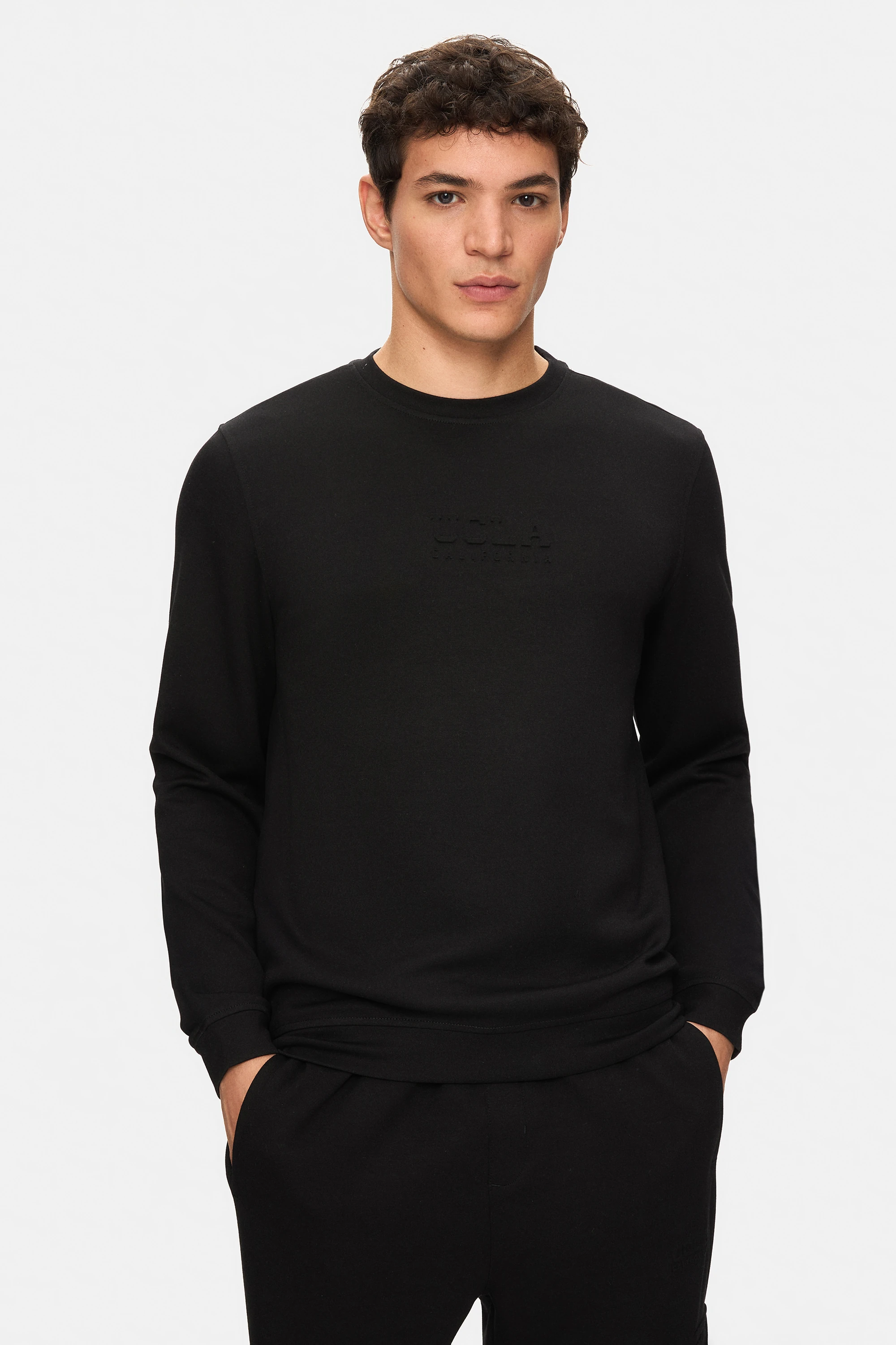 MACHADO Siyah Bisiklet Yaka Gofre Baskılı Modal Kumaş Standard Fit Erkek Sweatshirt