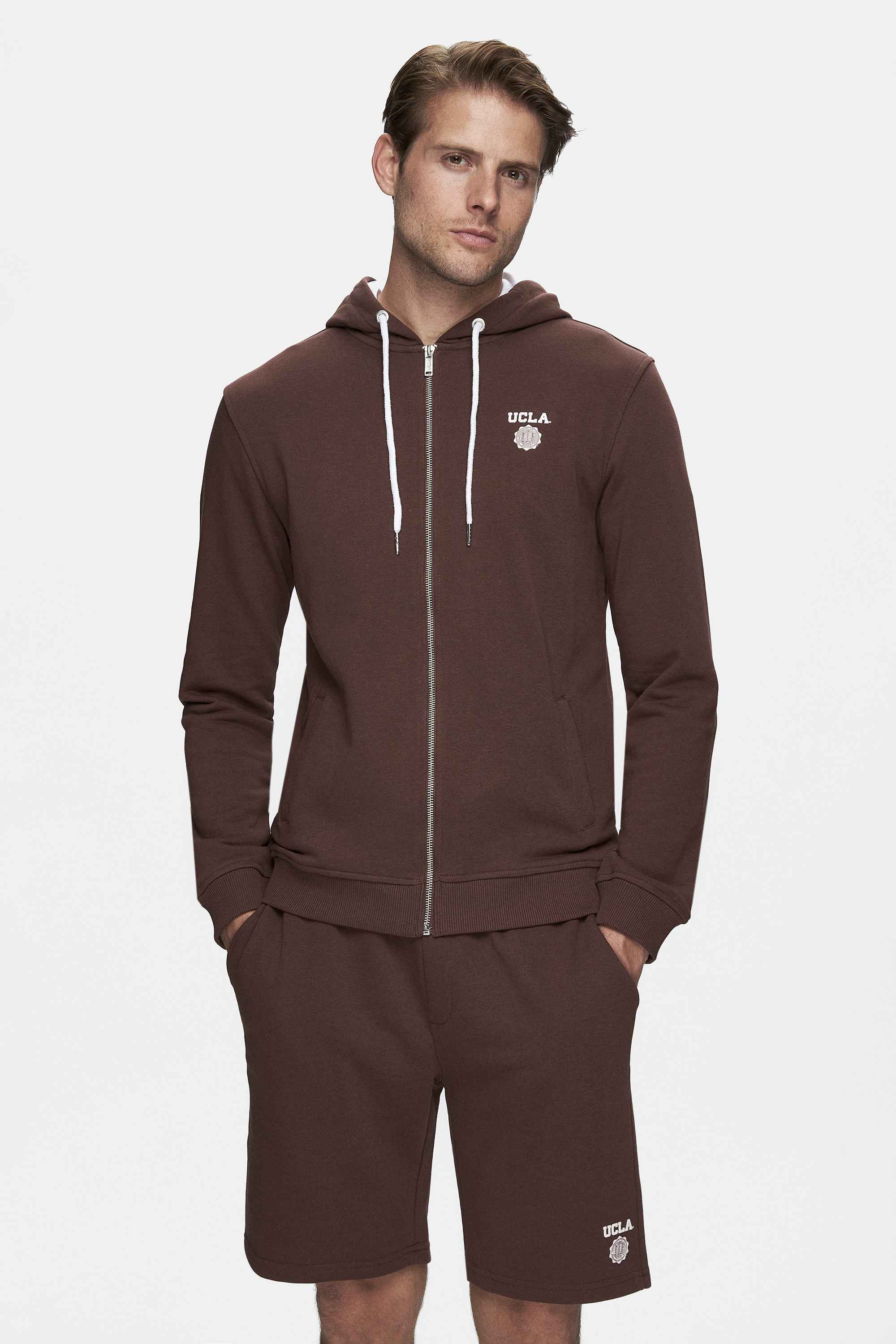 HILGARD Kahve Kapüşonlu Ve Fermuarlı Baskılı Standard Fit Erkek Sweatshirt