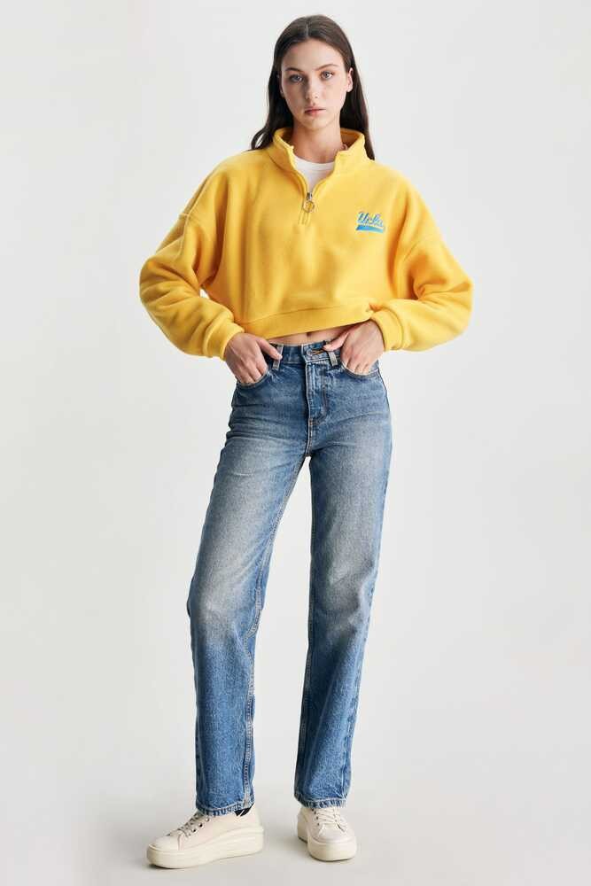 HAPPY Sarı Fermuarlı Nakışlı Polar Oversize Kadın Sweatshirt