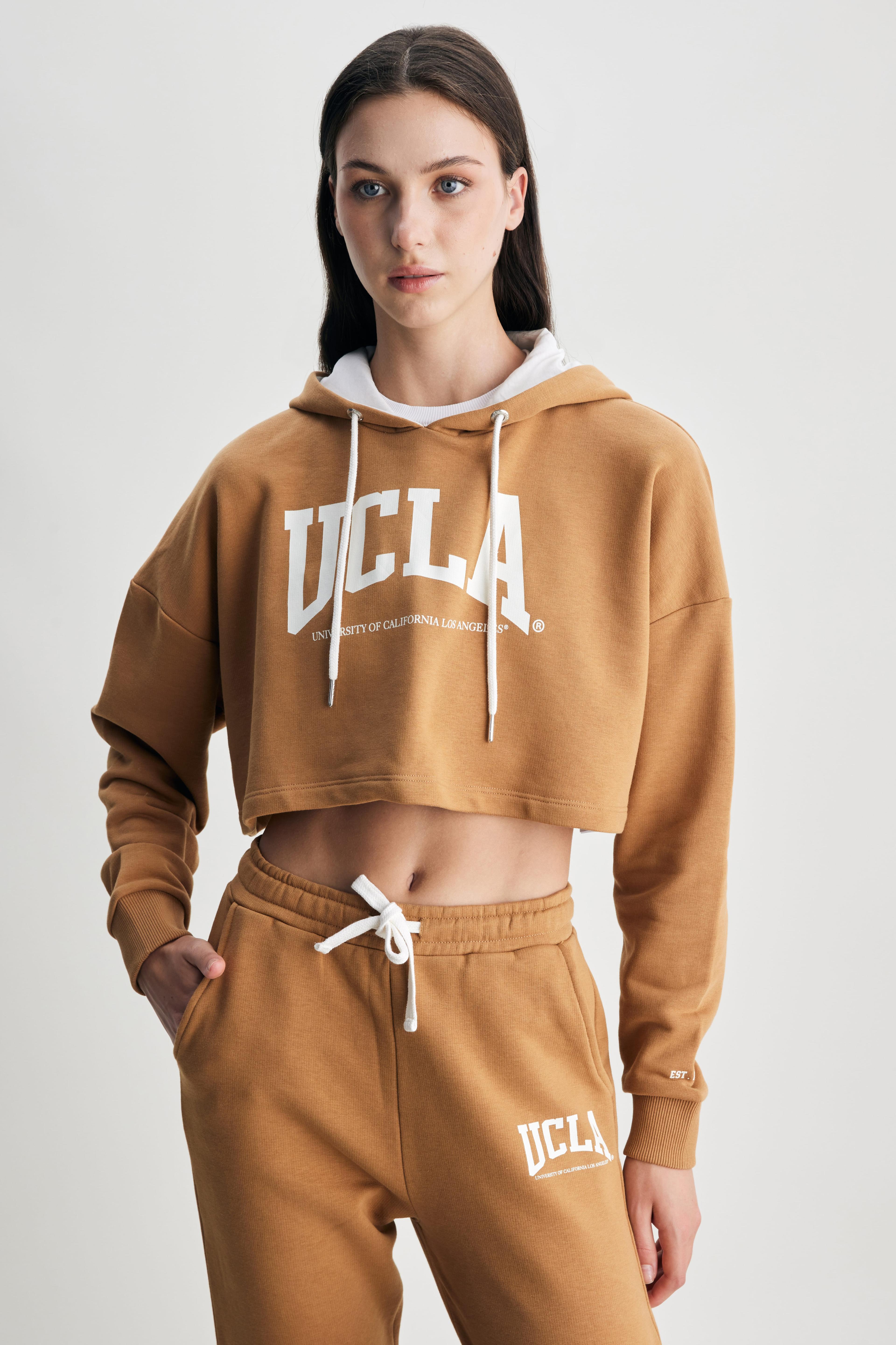 SAUSA Kahve Kapüşonlu Baskılı Oversize  Kadın Sweatshirt