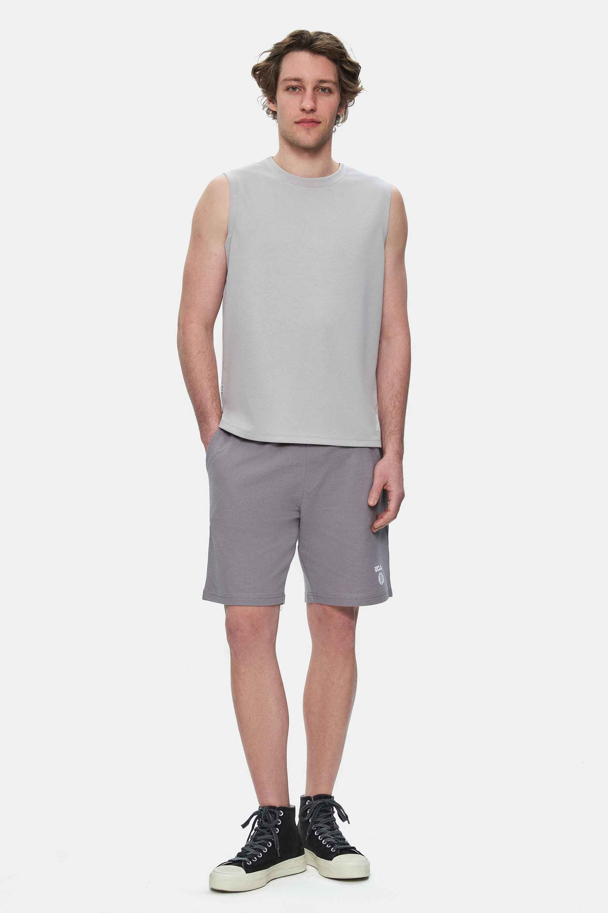 BODHI Açık Gri Bisiklet Yaka Sıfır Kol Baskılı Modal Kumaş Oversize Erkek Tshirt