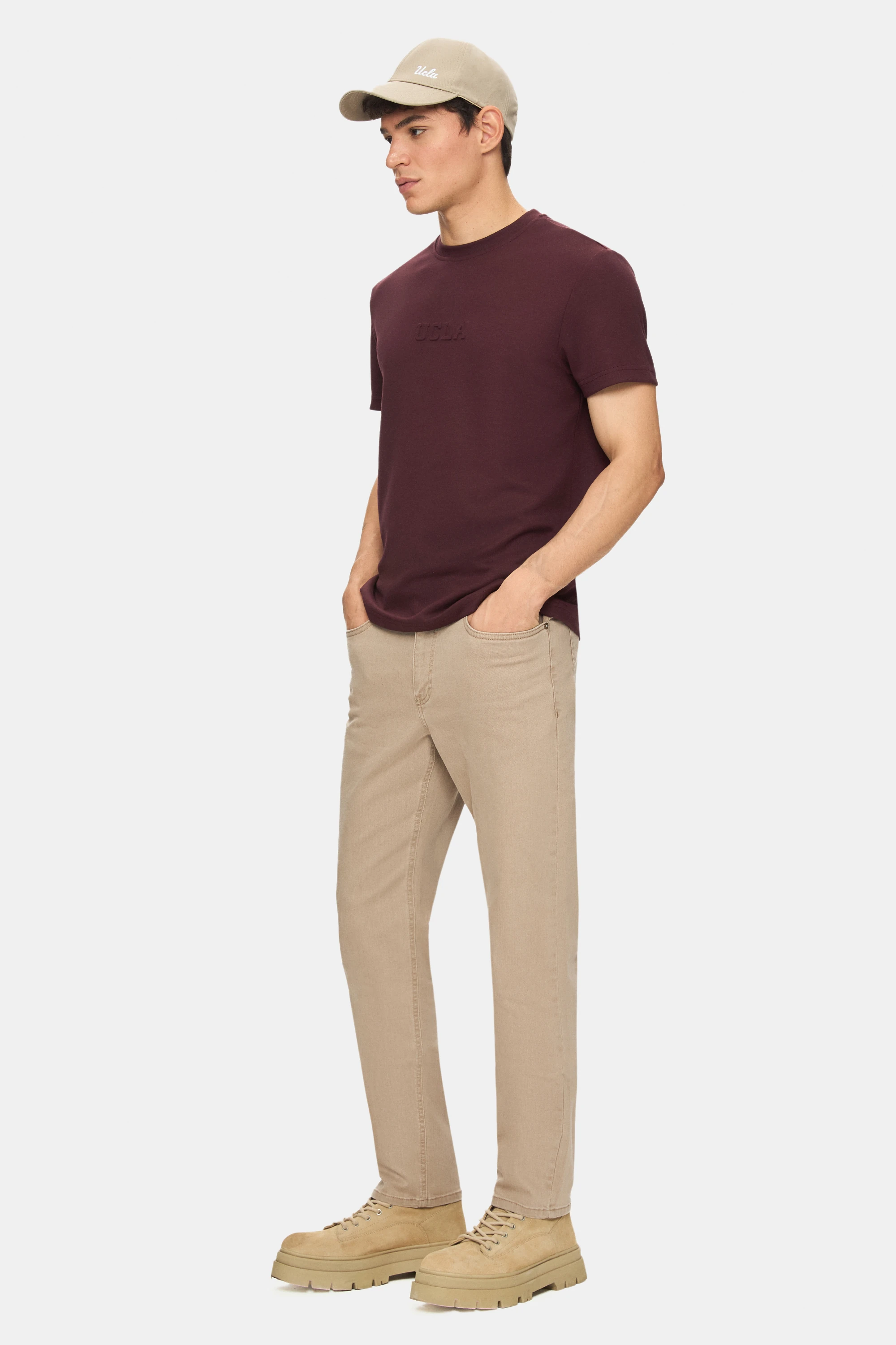 CANARY Bordo Bisiklet Yaka Gofre Baskılı Modal Kumaş Standard Fit Erkek Tshirt