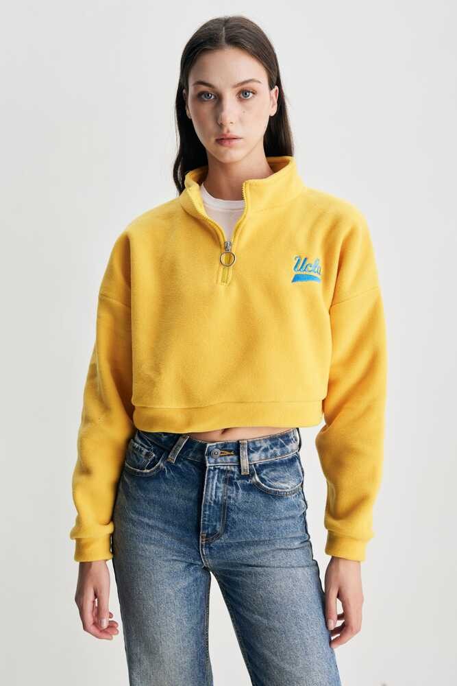 HAPPY Sarı Fermuarlı Nakışlı Polar Oversize Kadın Sweatshirt