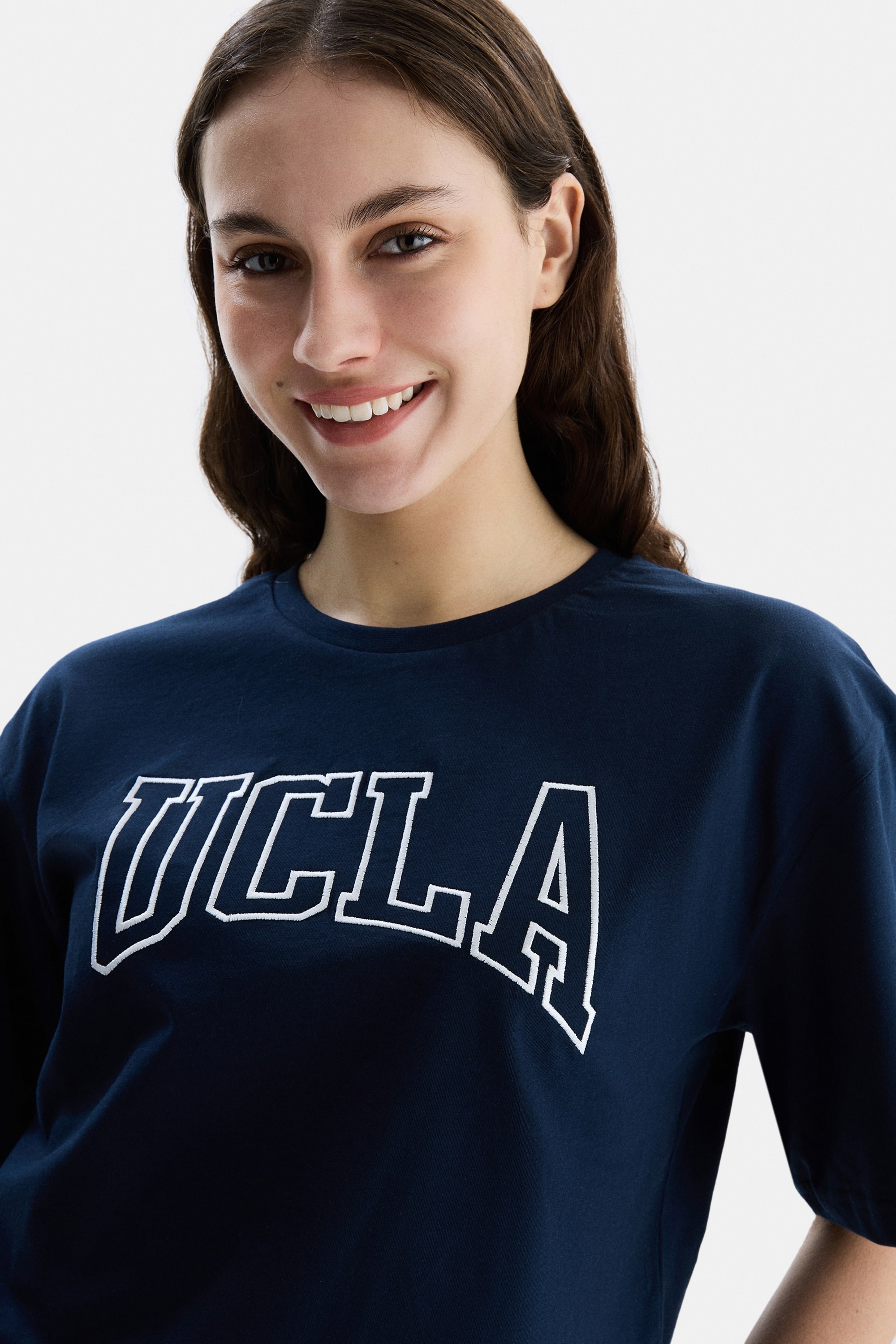HELENA Lacivert Bisiklet Yaka Crop Nakışlı Oversize Kadın Tshirt