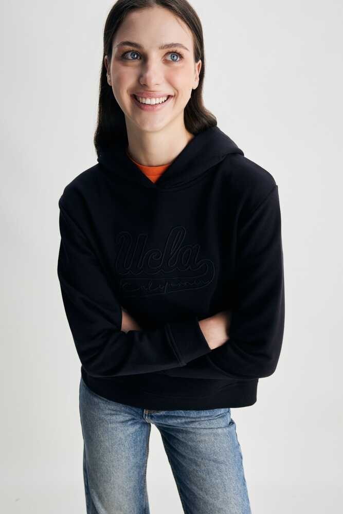 DEBORAH Siyah Kapüşonlu Nakışlı Standard Fit Kadın Sweatshirt