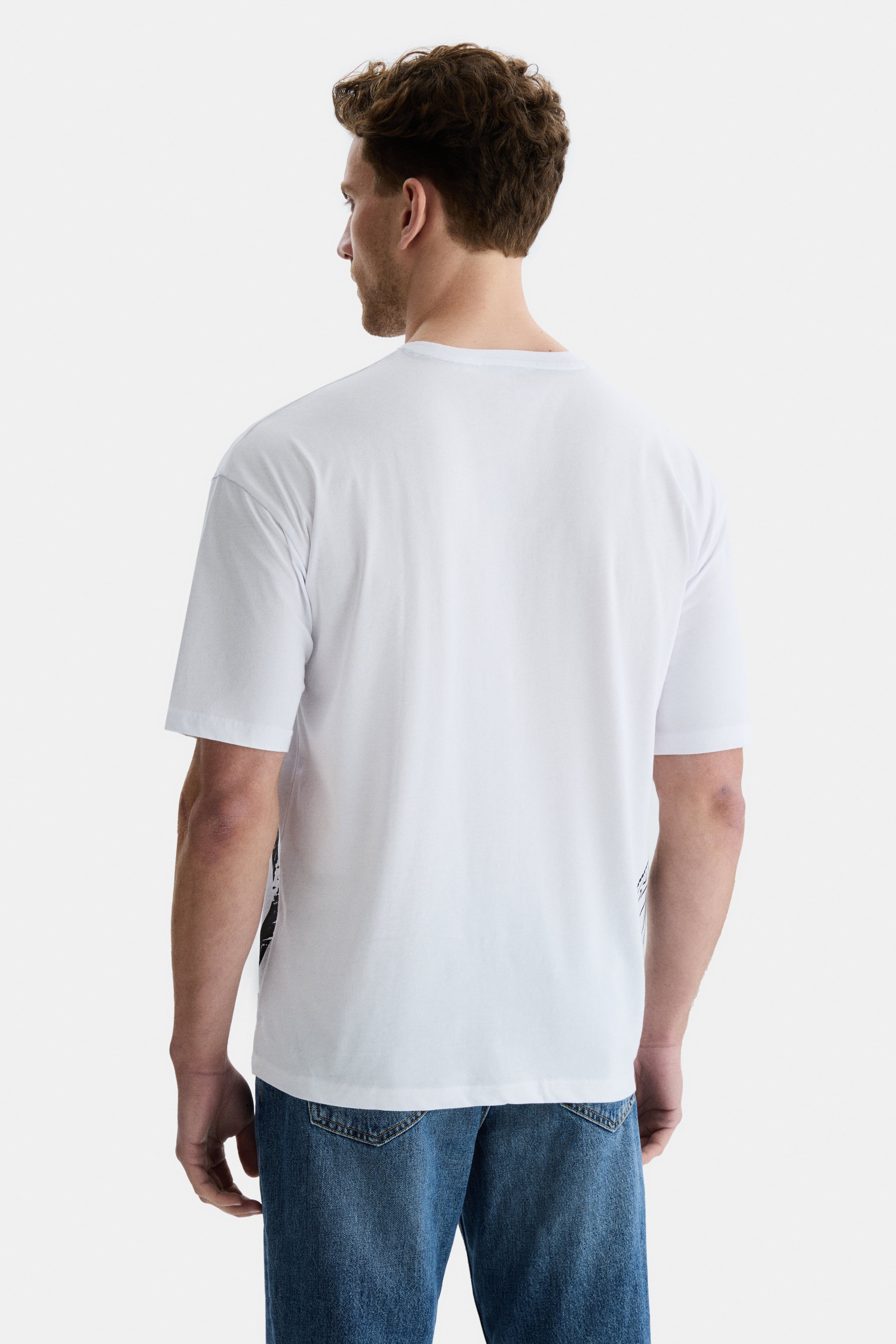 IGNISO Beyaz Bisiklet Yaka Baskılı Oversize Erkek Tshirt