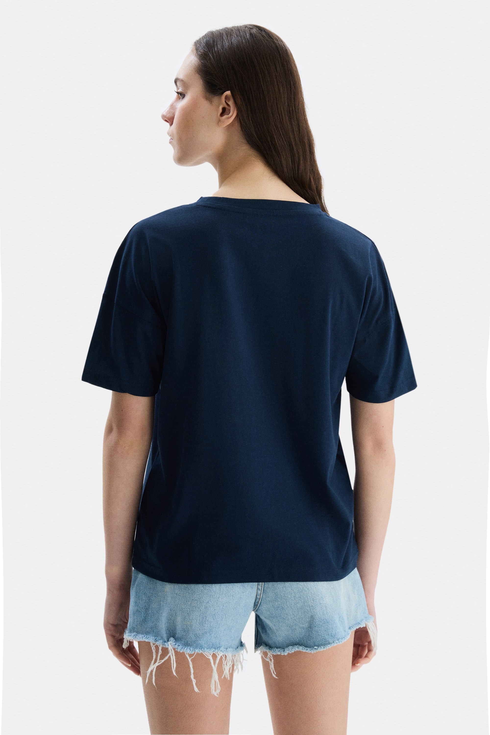 AVALON Lacivert Bisiklet Yaka Baskılı Oversize Kadın Tshirt
