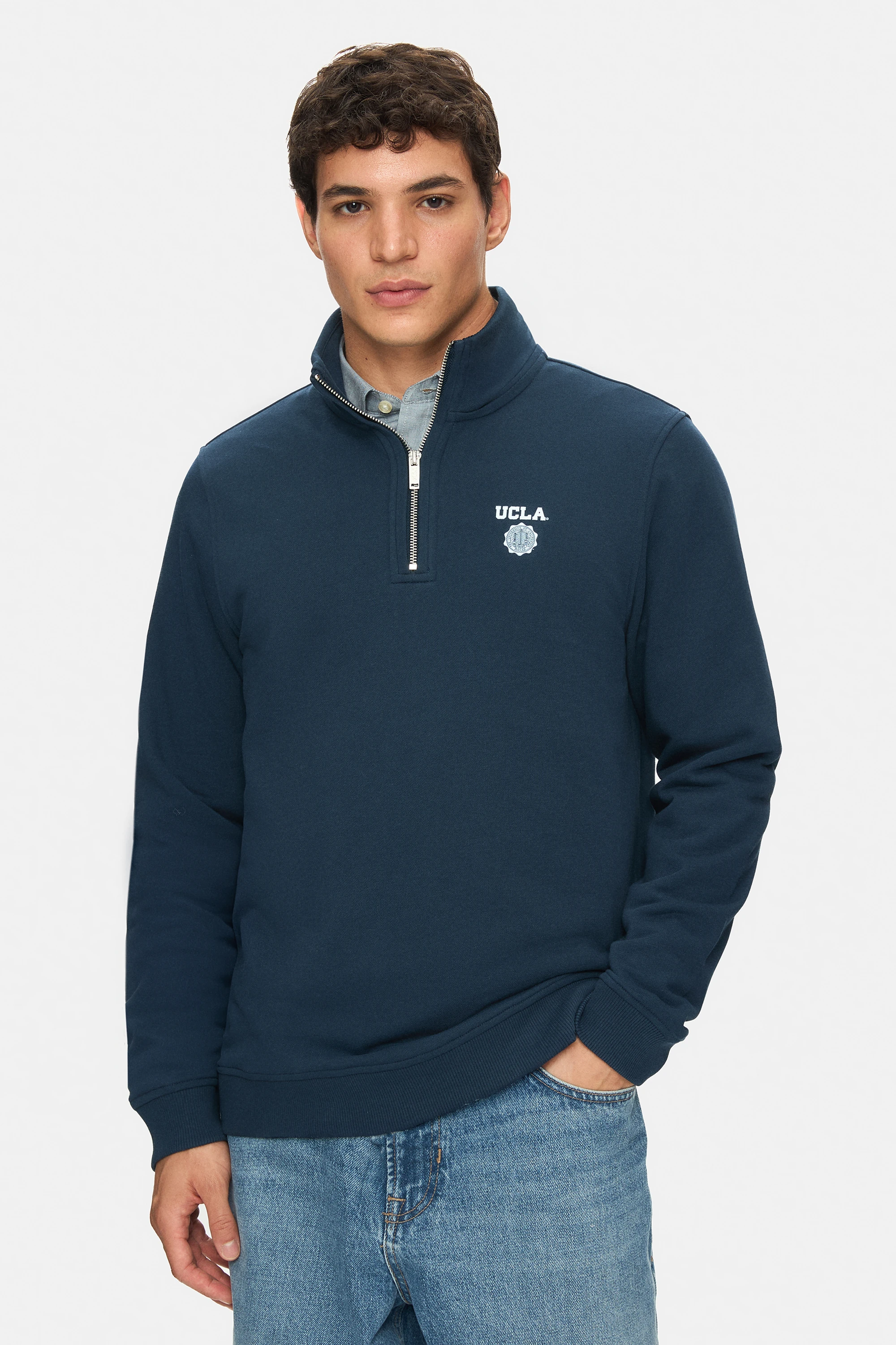 LEON Lacivert Yarım Fermuar Baskılı Dik Yaka Standard Fit Erkek Sweatshirt