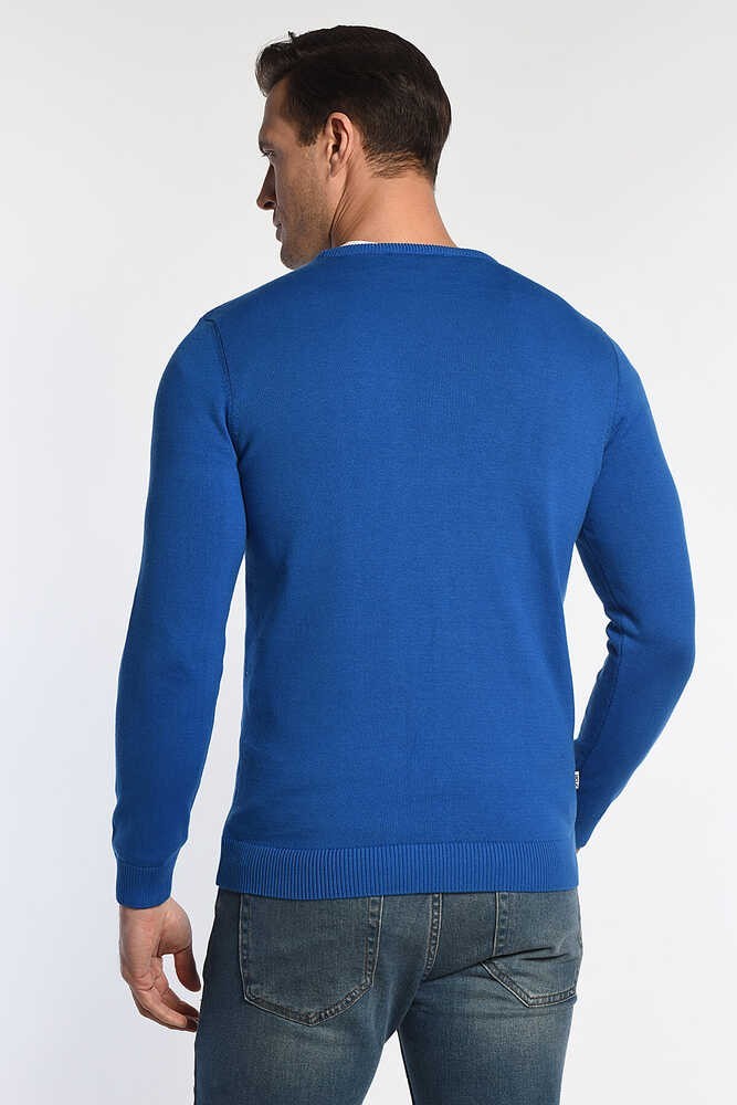 MENTO Mavi Bisiklet Yaka Nakışlı Slim Fit Erkek Triko
