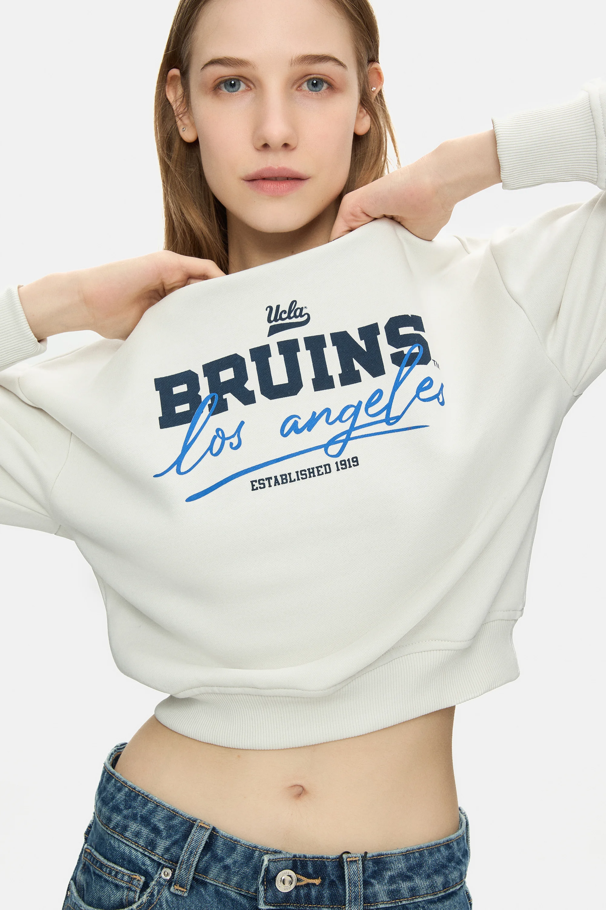 MELLO Kemik Rengi Bisiklet Yaka Crop Baskılı Loose Fit Kadın Sweatshirt