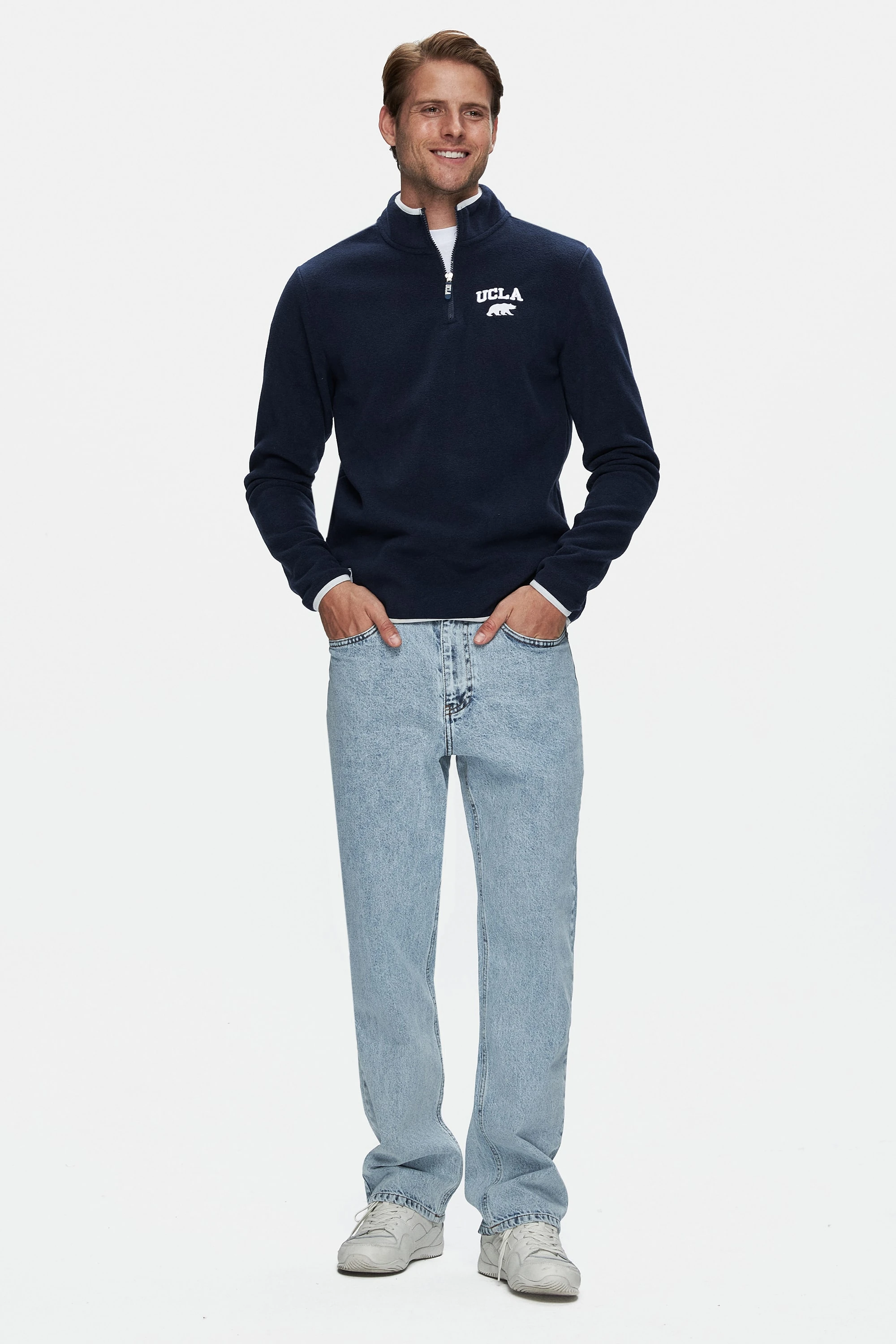 CORNING Koyu Lacivert Yarım Fermuarlı Nakışlı Polar Dik Yaka Standard Fit Erkek Sweatshirt