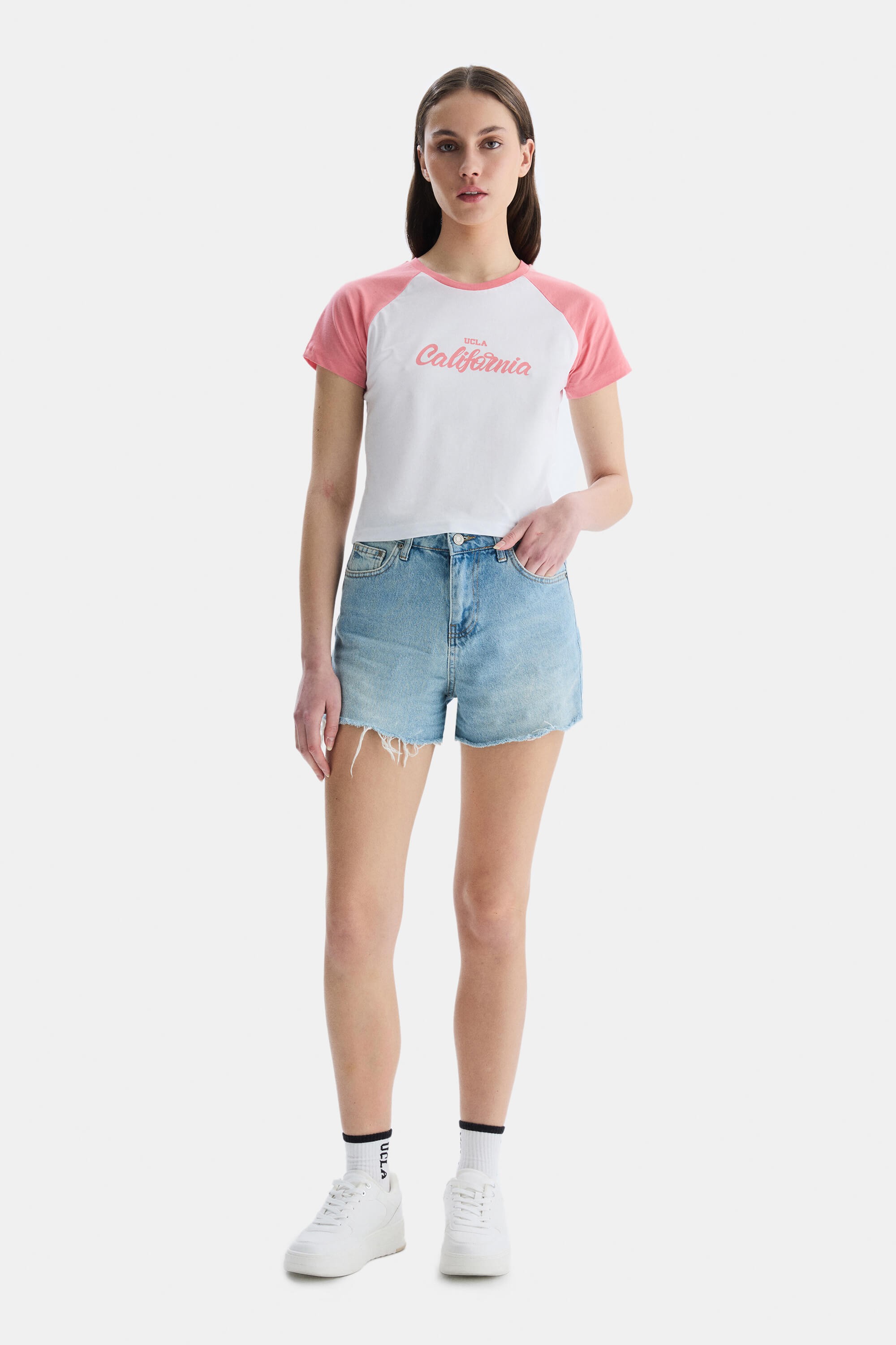 CAROLINA Pembe Bisiklet Yaka Baskılı Standard Fit Kadın Tshirt