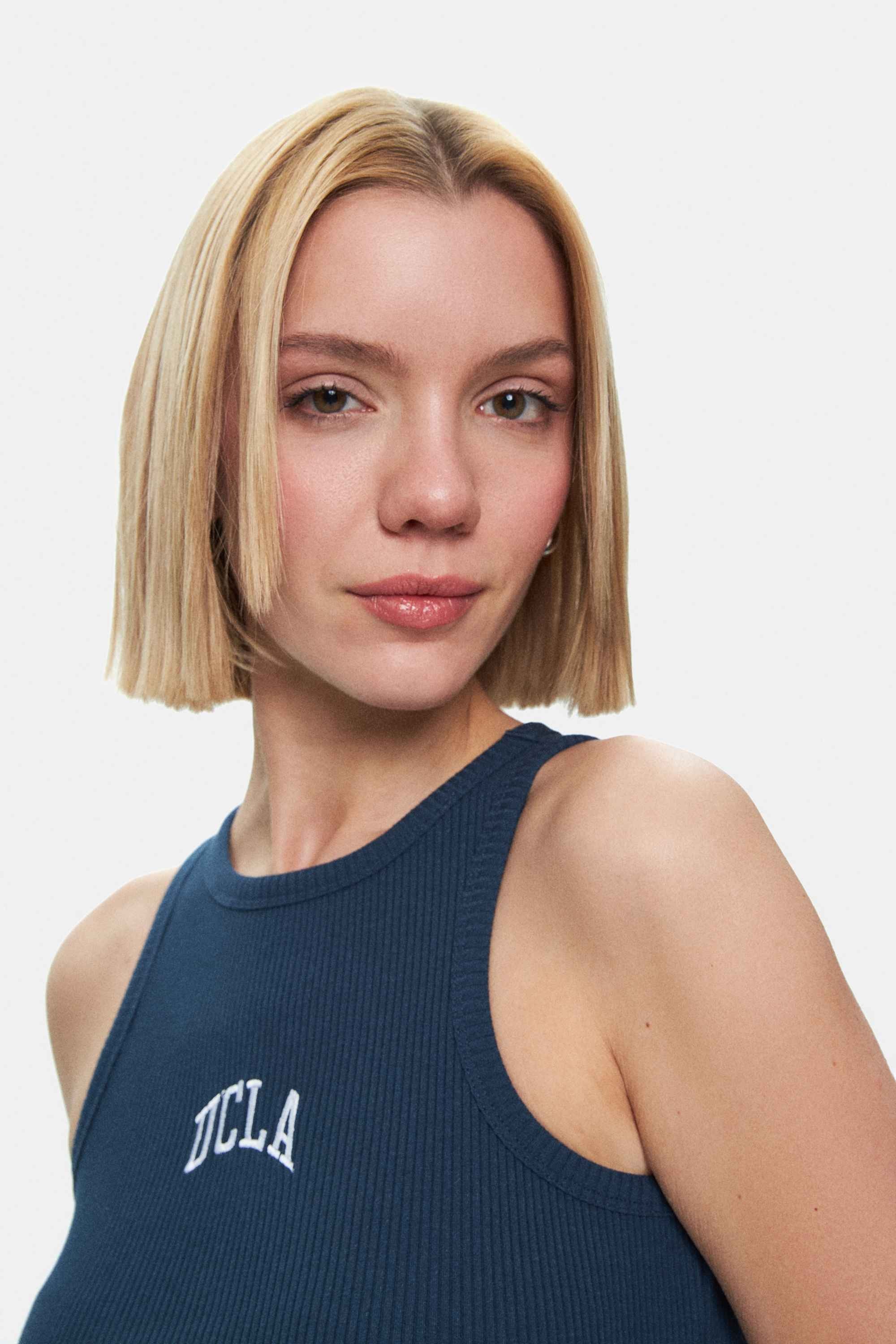 BRONWEN Lacivert Nakışlı Askılı Standard Fit Kadın Elbise