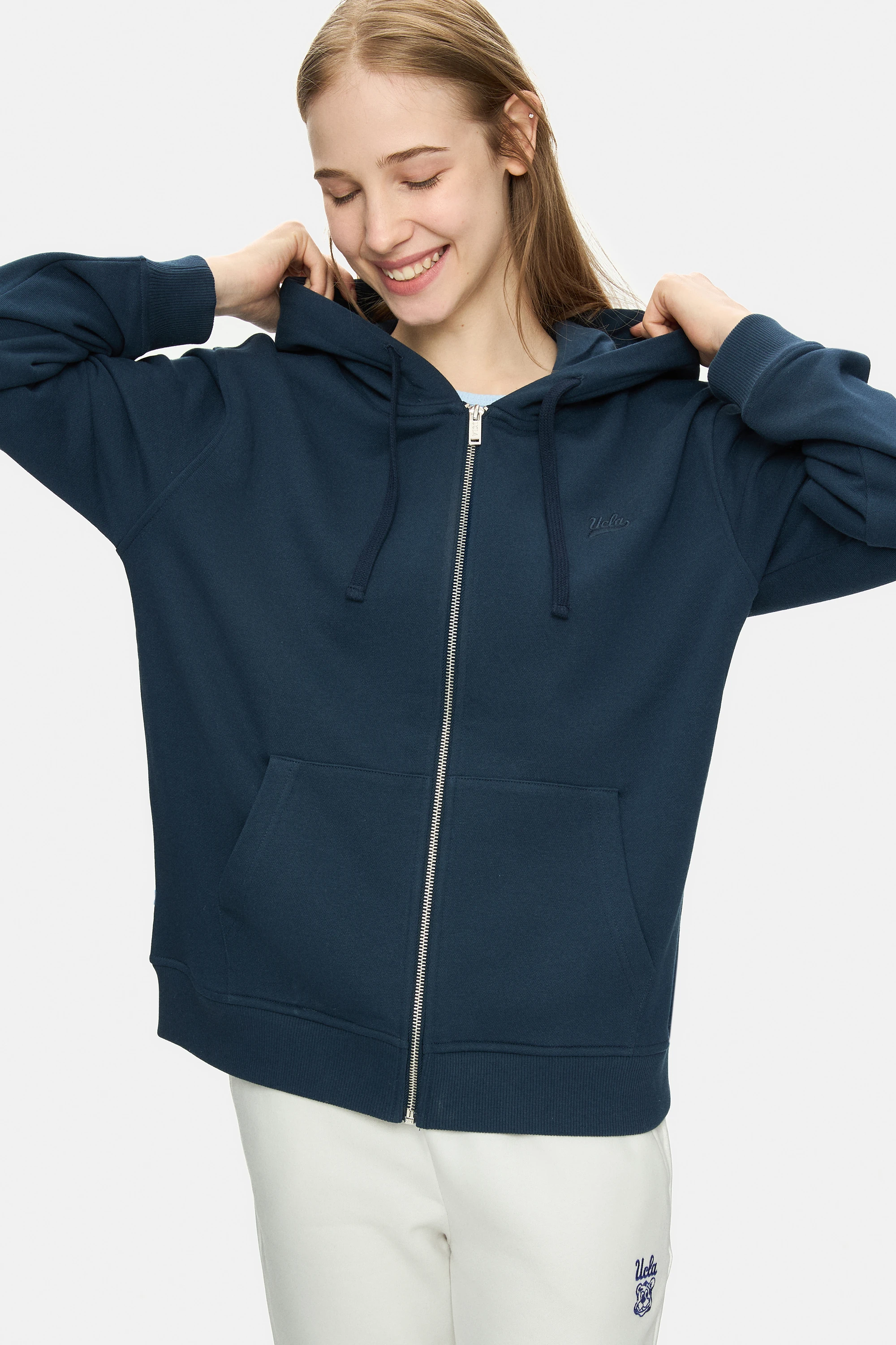 VIVIANA Lacivert Kapüşonlu Baskılı Fermuarlı Standard Fit Kadın Sweatshirt