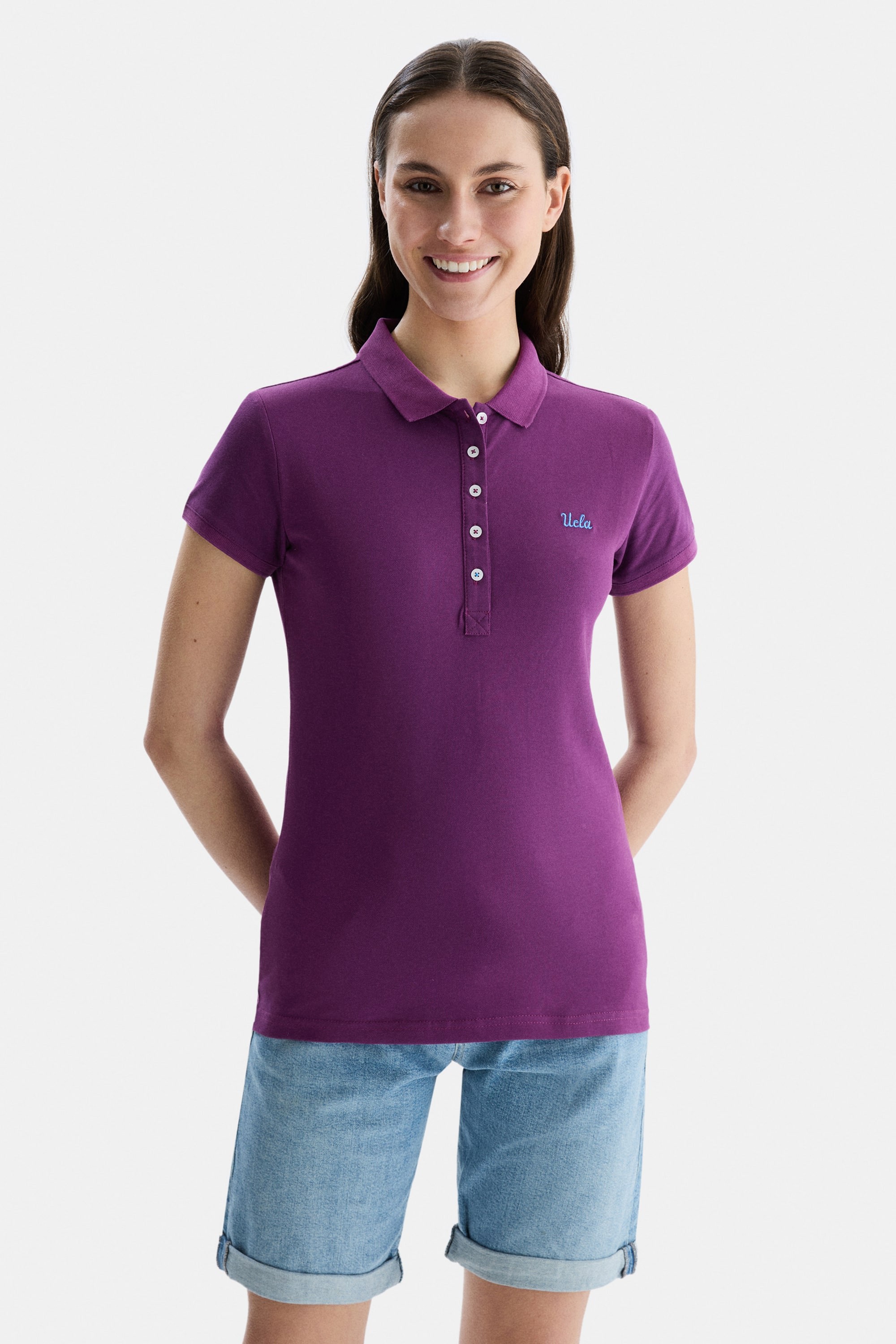 SHAVER Mor Polo Yaka Nakışlı Standard Fit Kadın Tshirt