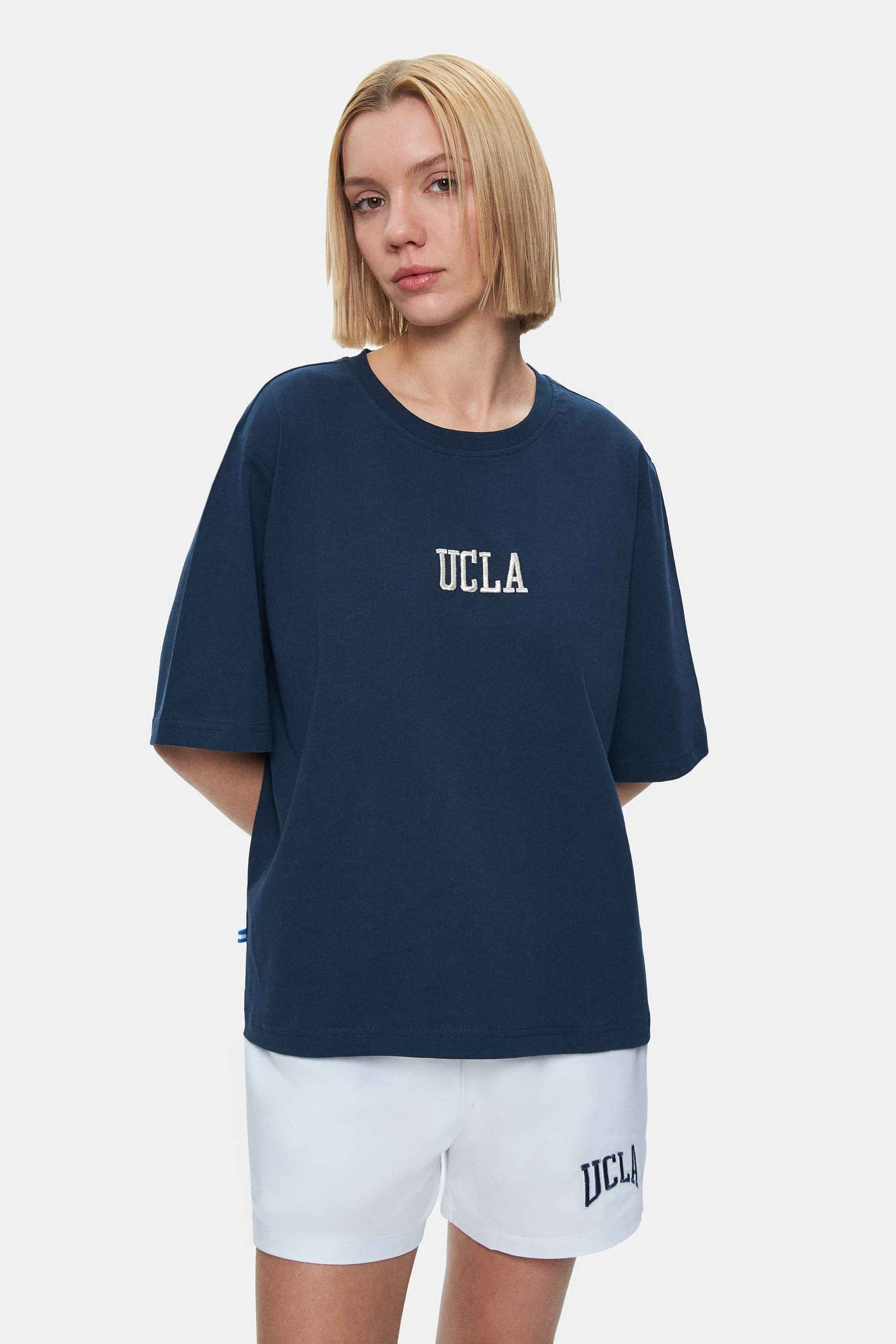 MANUELA Lacivert Bisiklet Yaka Tshirt Nakışlı Loose Fit Kadın Tshirt