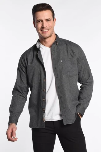 MENDO Koyu Gri Nakışlı Standard Fit Erkek Gömlek