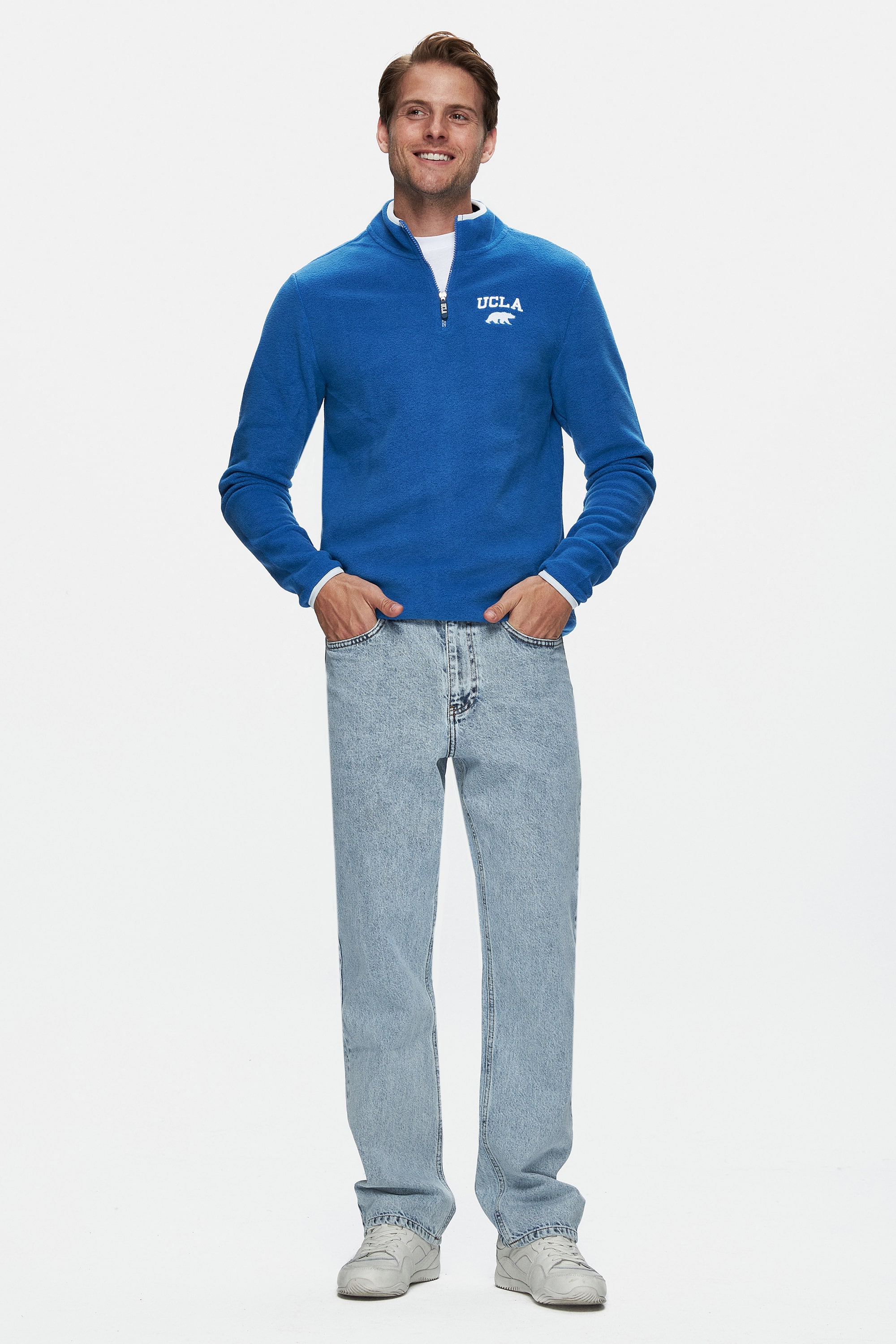 CORNING Mavi Yarım Fermuarlı Nakışlı Polar Dik Yaka Standard Fit Erkek Sweatshirt