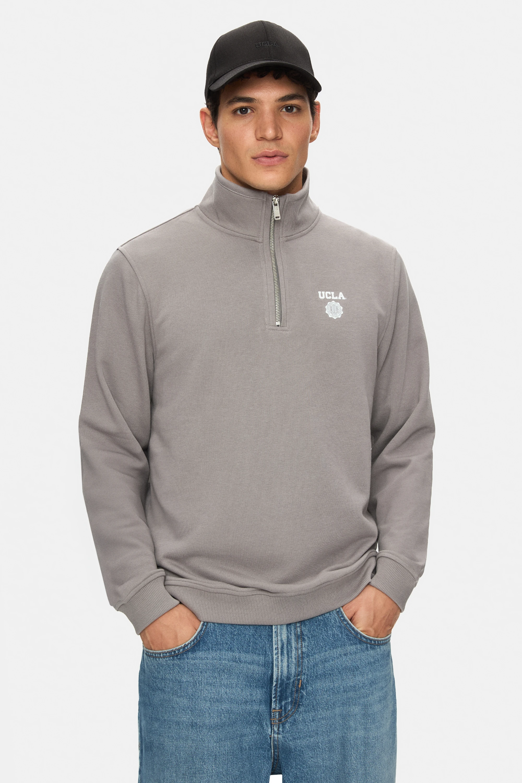 LEON Koyu Gri Yarım Fermuar Baskılı Standard Fit Erkek Sweatshirt