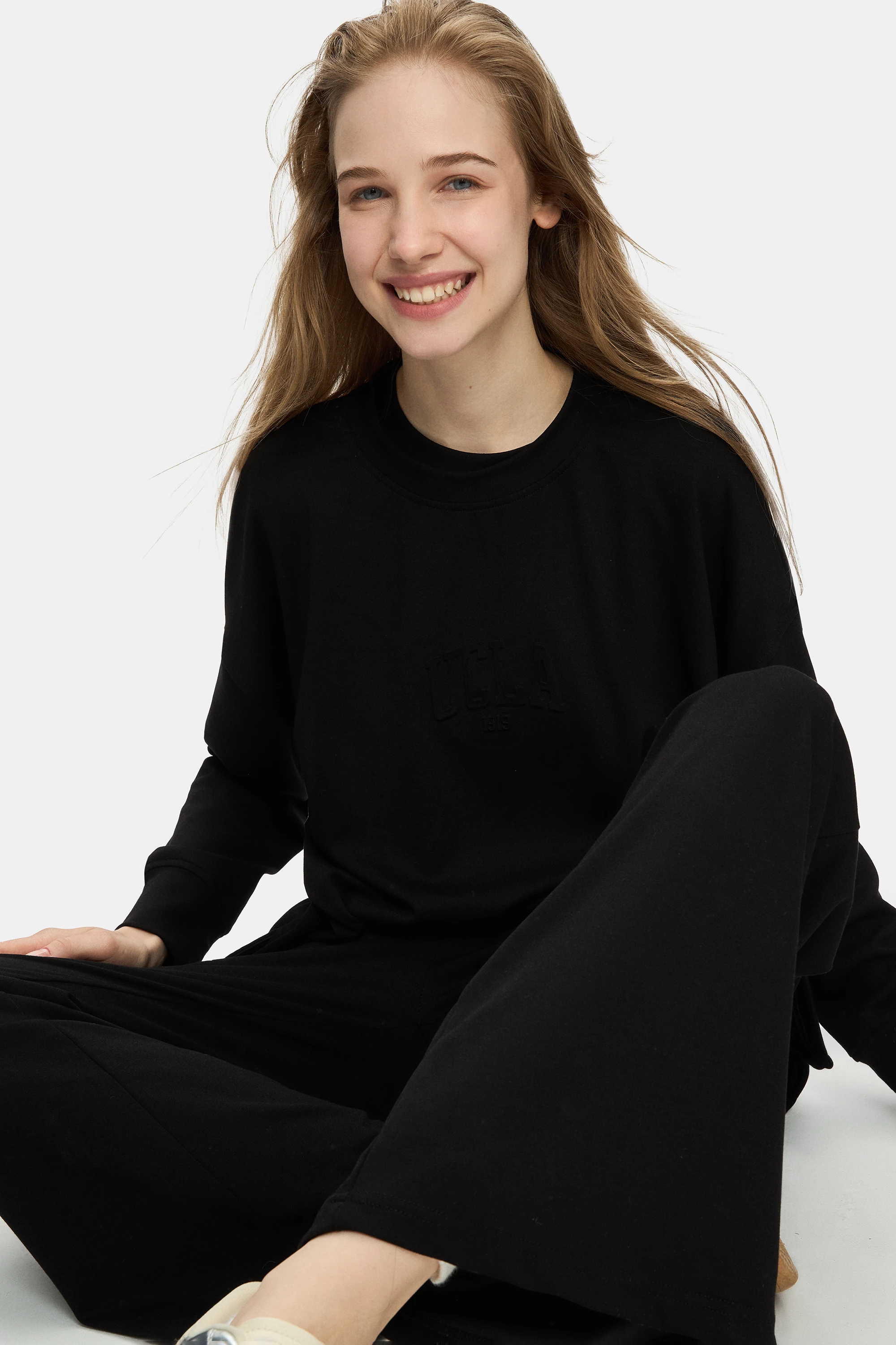 URANIA Siyah İspanyol Paça Gofre Baskılı Modal Kumaş Loose Fit Kadın Eşofman Altı