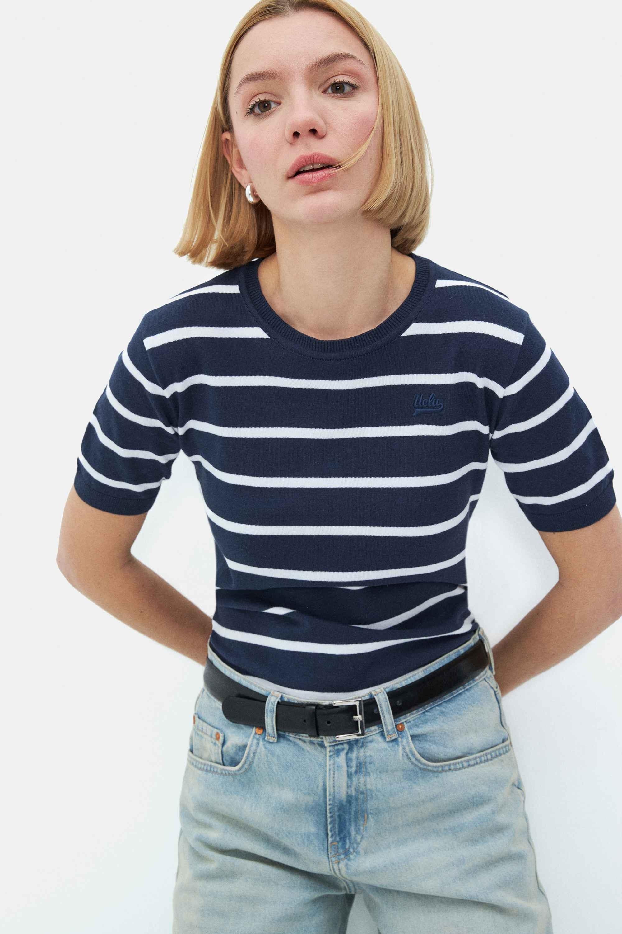 MISHA Lacivert Çizgili Bisiklet Yaka Triko Nakışlı Standard Fit Kadın Tshirt