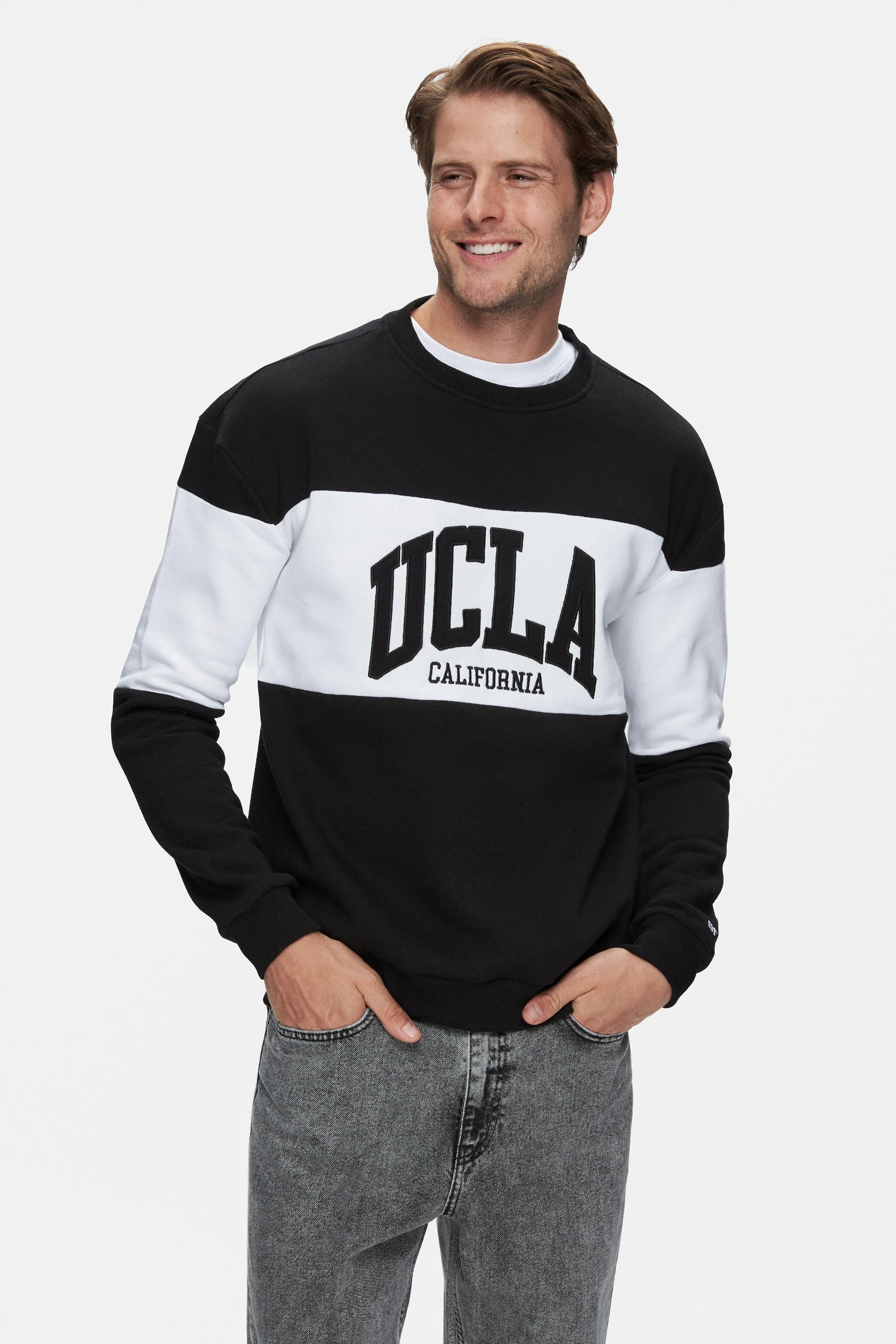 ARCHER Siyah Bisiklet Yaka Nakışlı Şardonlu Loose Fit Erkek Sweatshirt