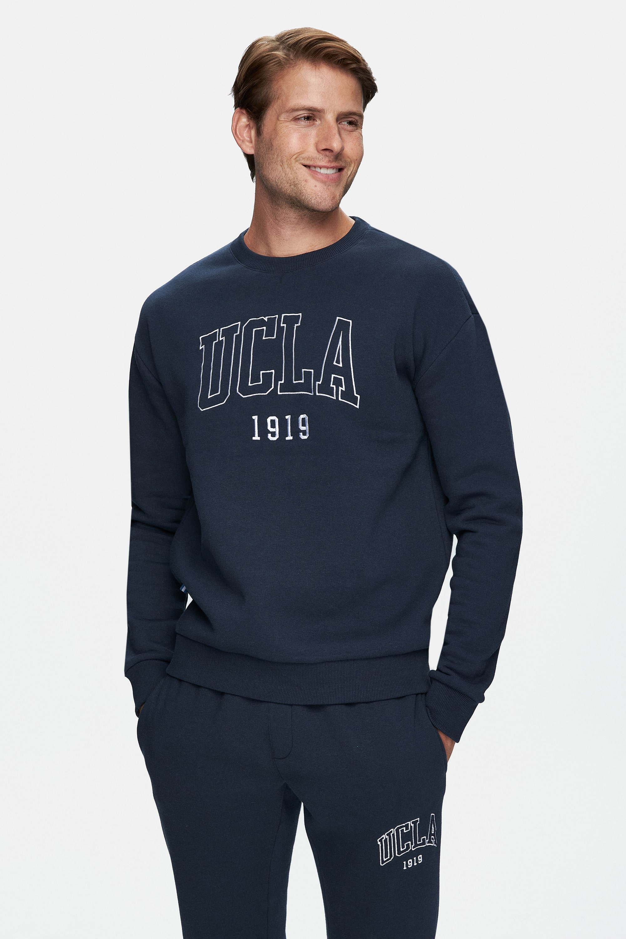 SANDHILL Lacivert Bisiklet Yaka Nakışlı Şardonlu Loose Fit Erkek Sweatshirt