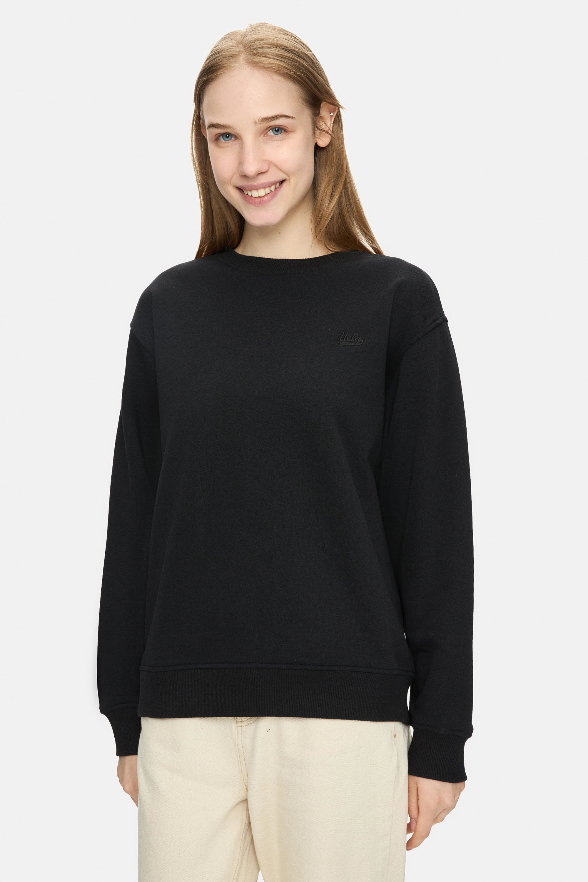 SUNNIVA Siyah Bisiklet Yaka Nakışlı Loose Fit Kadın Sweatshirt