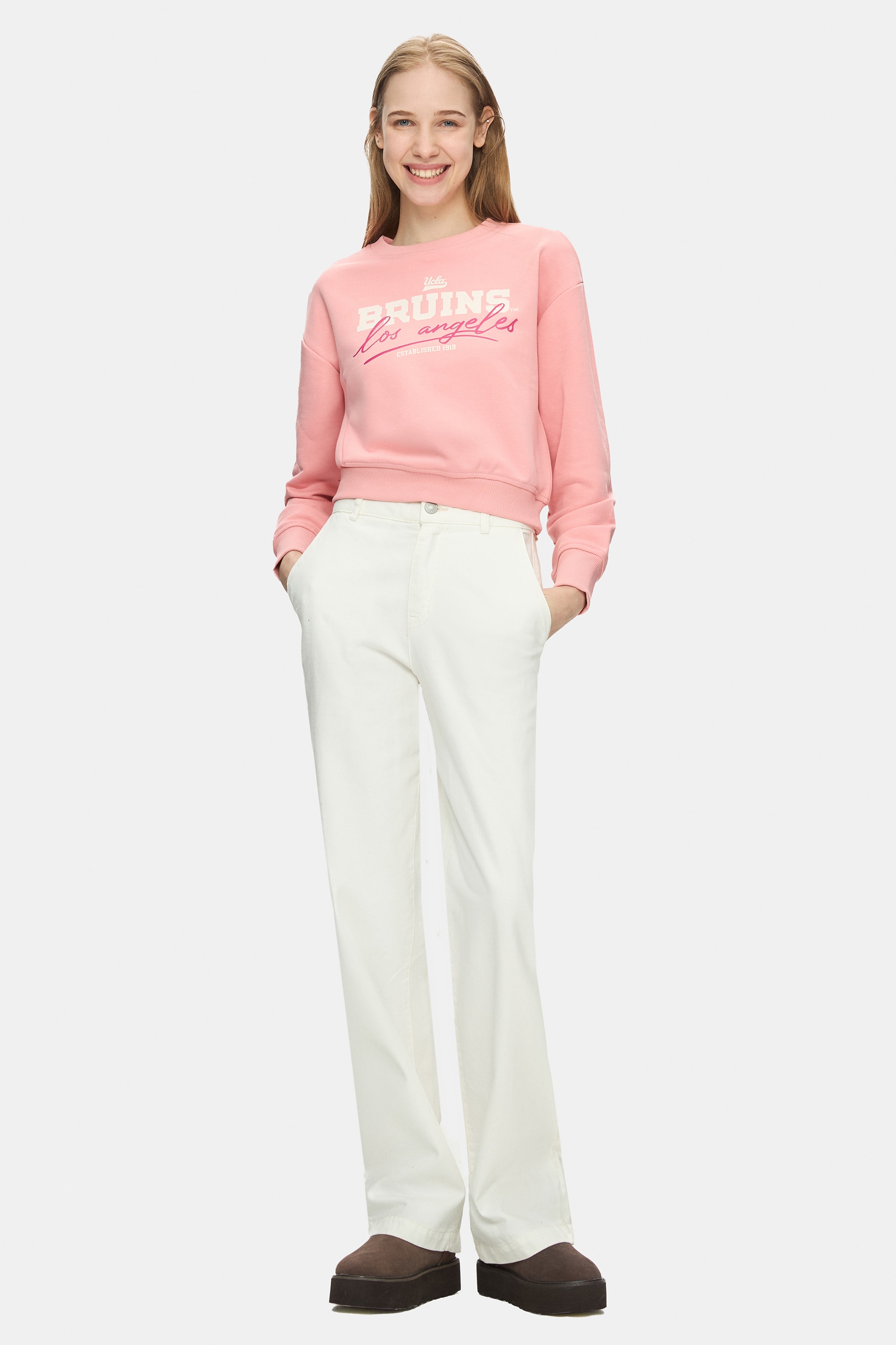 MELLO Pembe Bisiklet Yaka Crop Baskılı Loose Fit Kadın Sweatshirt