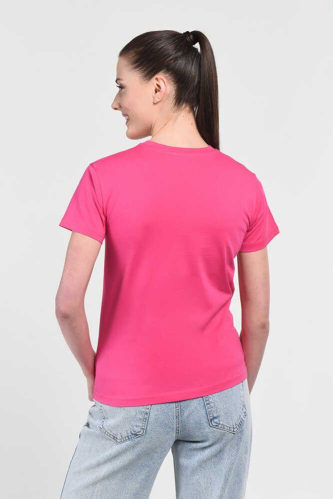 ANGELA Pembe Bisiklet Yaka Nakışlı Standard Fit Kadın Tshirt
