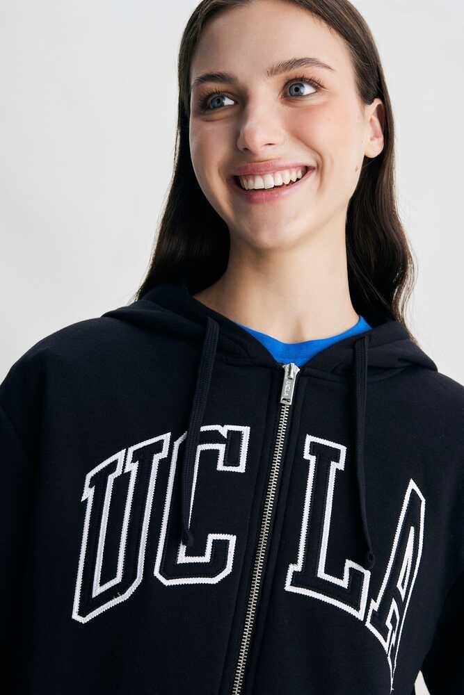 JOYCE Siyah Kapüşonlu Ve Fermuarlı Aplikeli Şardonlu Standard Fit Kadın Sweatshirt