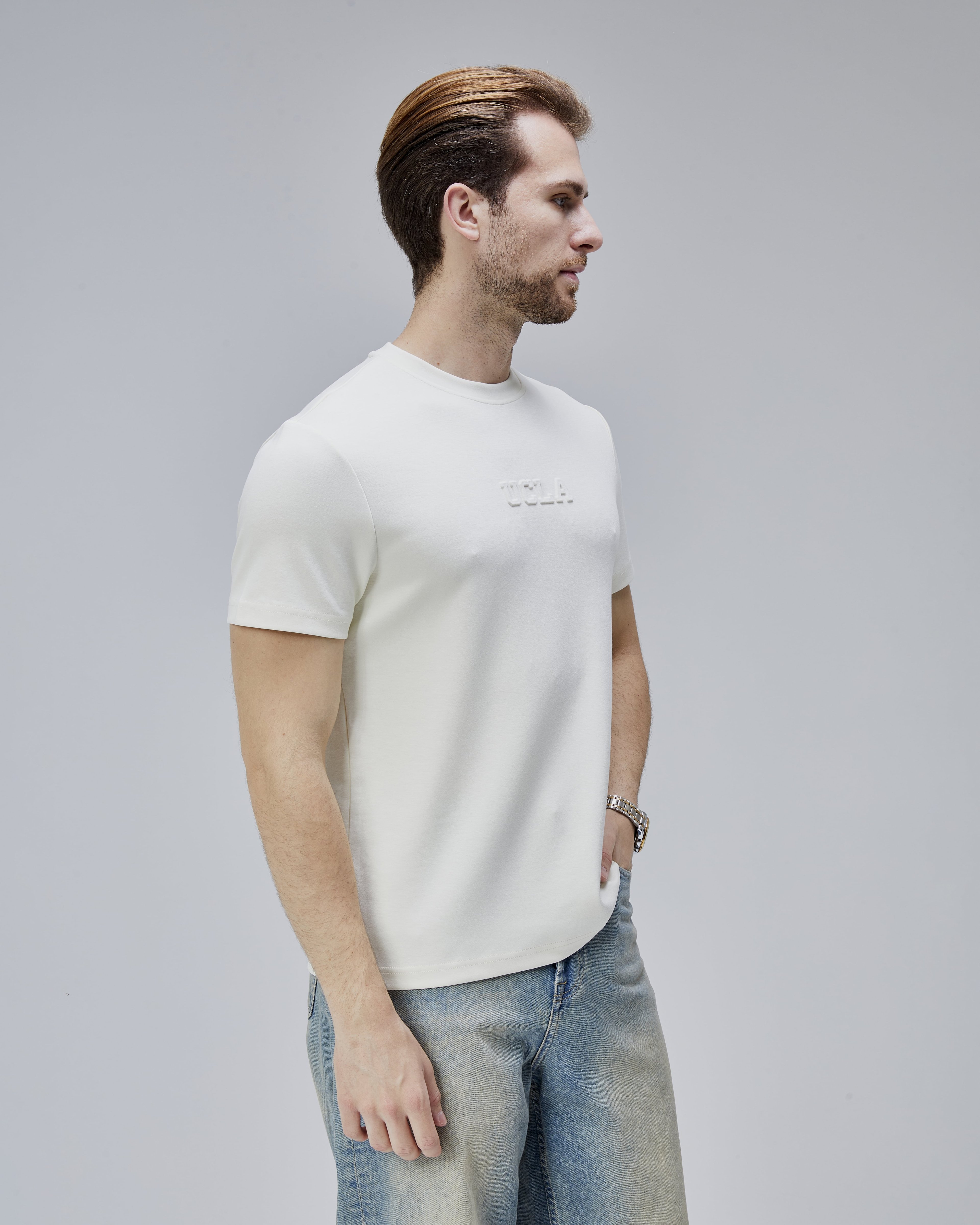 CANARY Kemik Rengi Bisiklet Yaka Gofre Baskılı Modal Kumaş Standard Fit Erkek Tshirt