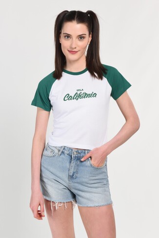 CAROLINA Yeşil Bisiklet Yaka Baskılı Standard Fit Kadın Tshirt
