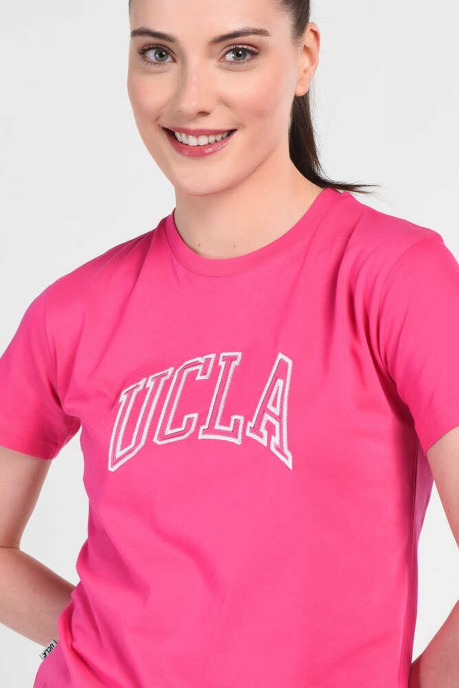 ANGELA Pembe Bisiklet Yaka Nakışlı Standard Fit Kadın Tshirt
