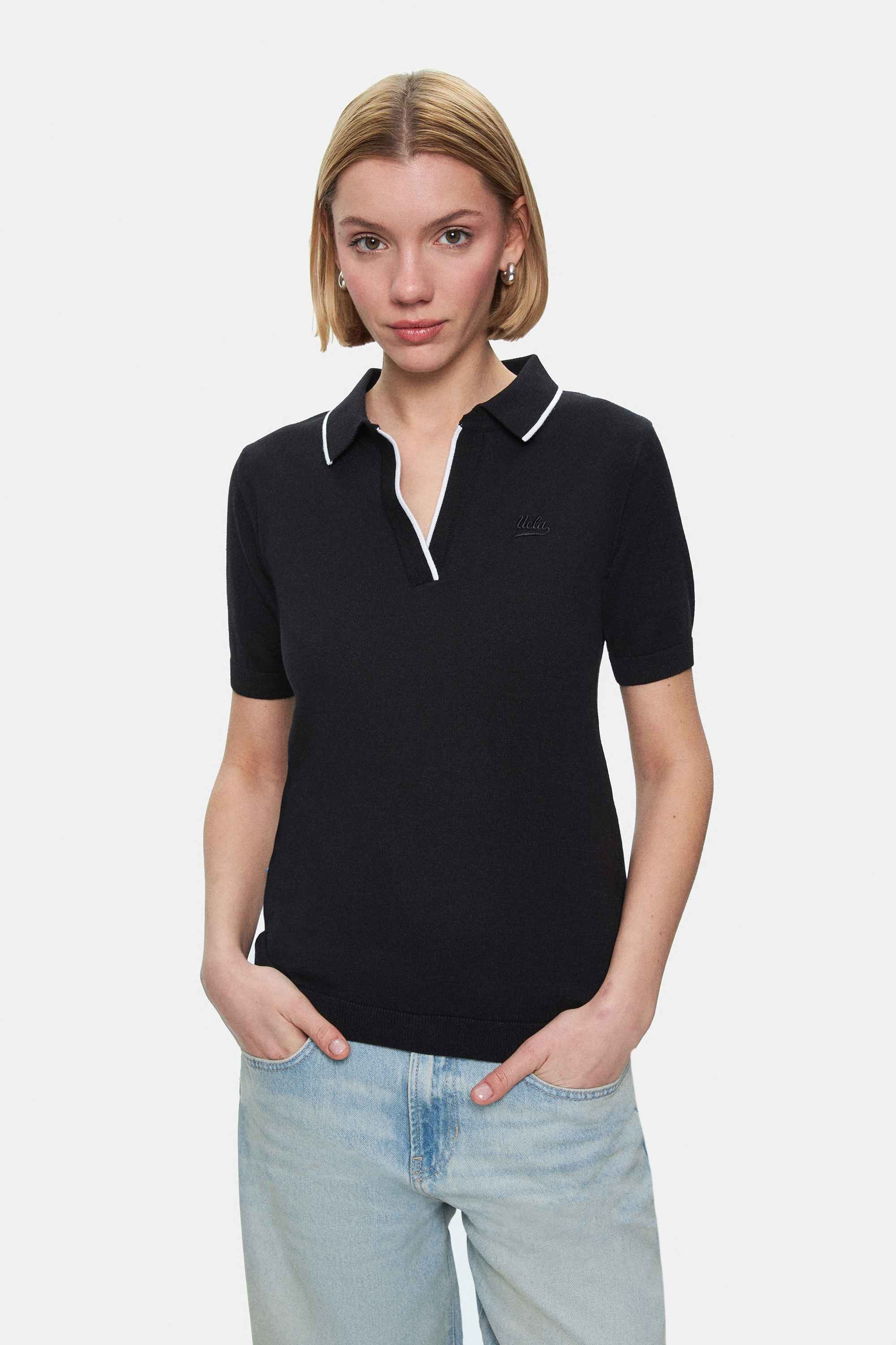 SASHA Siyah Polo Yaka Triko Nakışlı Standard Fit Kadın Tshirt